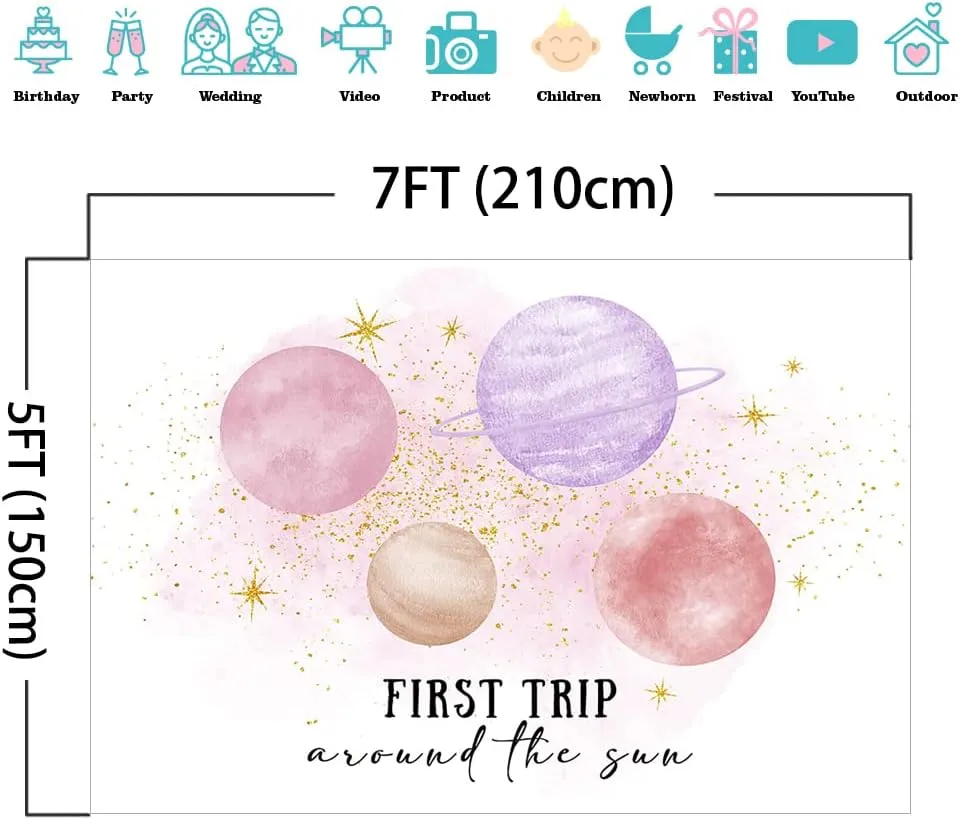 Mocsicka First Trip Around The Sun Backdrop Outer Space Girls First Birthday Background Pink Planets 1st Birthday Party Cake Table Decoration Photo Booth Props (7x5ft)
