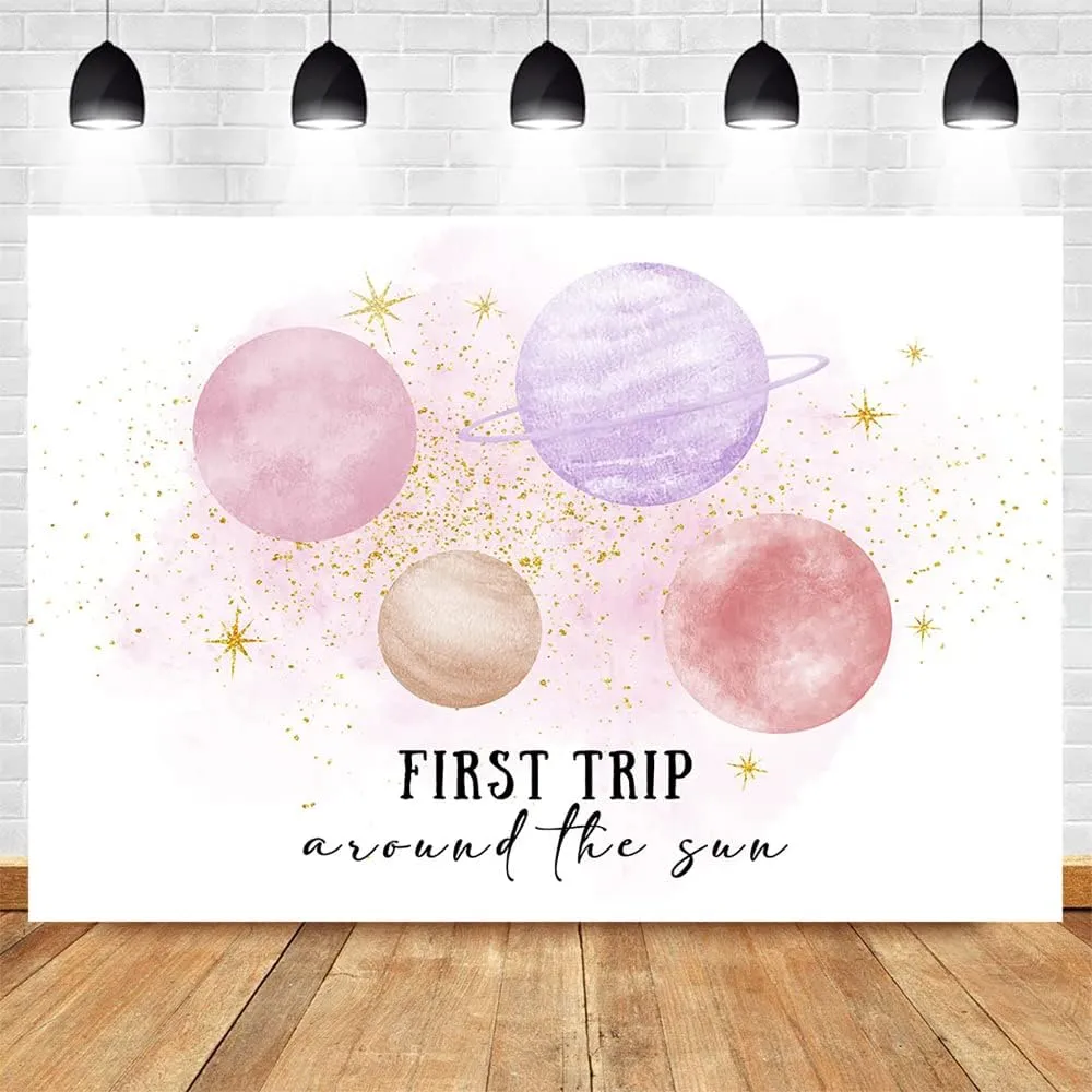 Mocsicka First Trip Around The Sun Backdrop Outer Space Girls First Birthday Background Pink Planets 1st Birthday Party Cake Table Decoration Photo Booth Props (7x5ft)