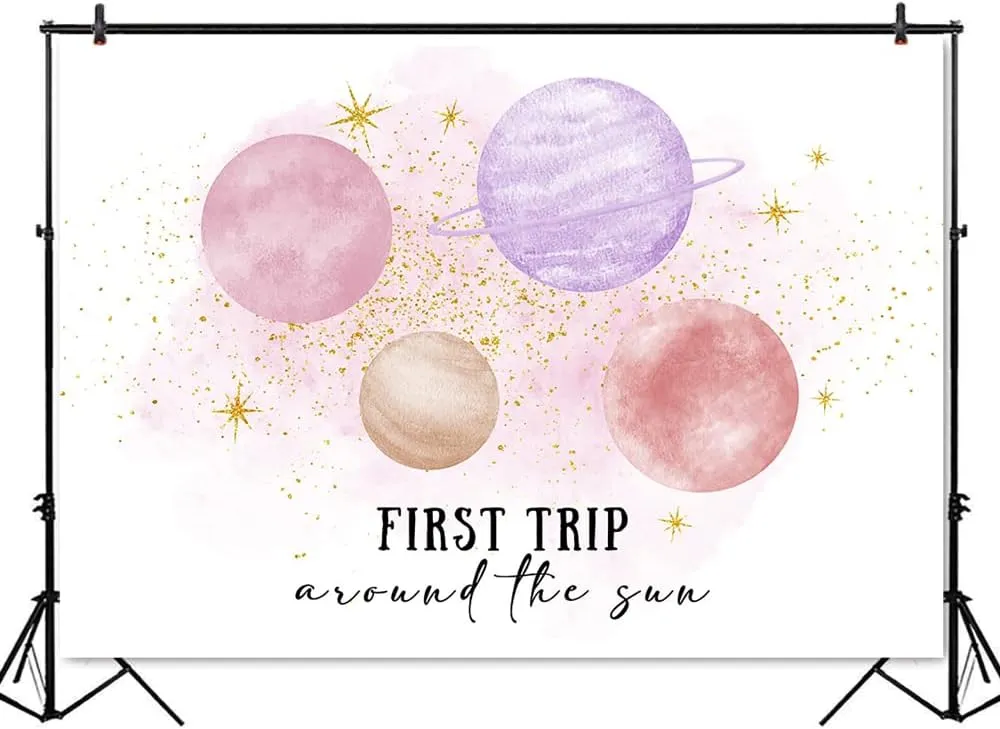 Mocsicka First Trip Around The Sun Backdrop Outer Space Girls First Birthday Background Pink Planets 1st Birthday Party Cake Table Decoration Photo Booth Props (7x5ft)