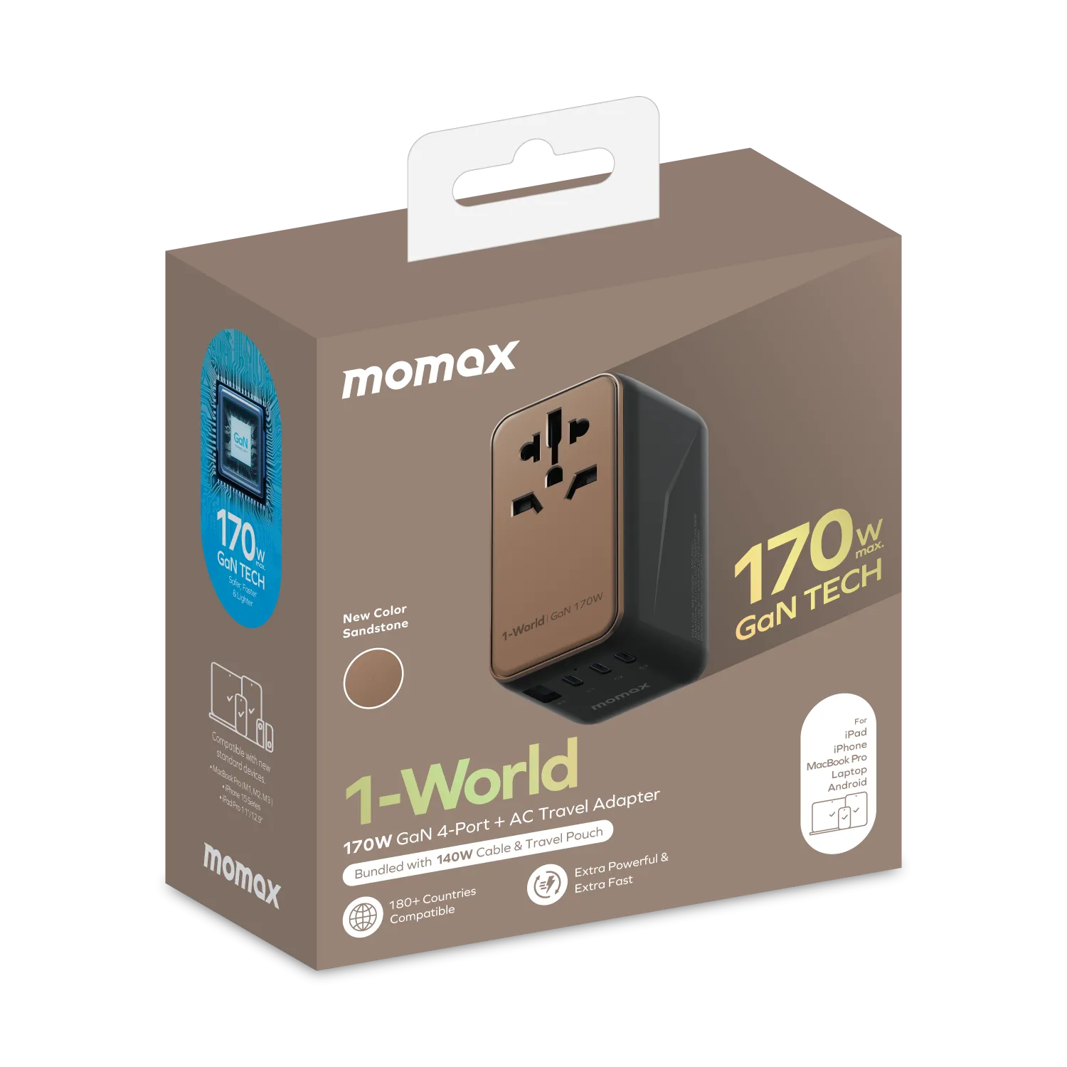 Momax 1-World 4-Port GaN Travel Charger 170W   USB-C Cable - Sandstone