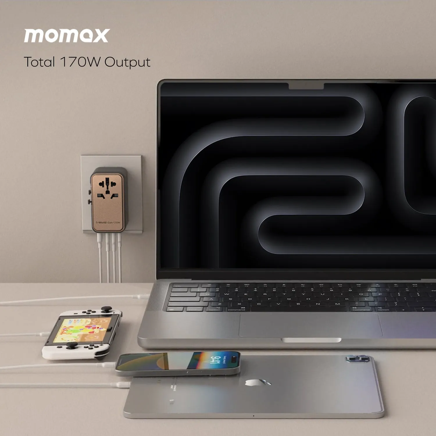 Momax 1-World 4-Port GaN Travel Charger 170W   USB-C Cable - Sandstone