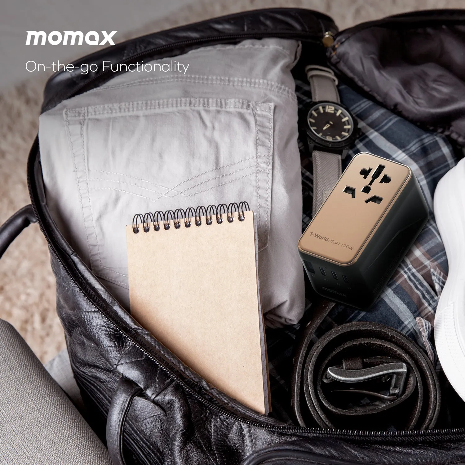 Momax 1-World 4-Port GaN Travel Charger 170W   USB-C Cable - Sandstone