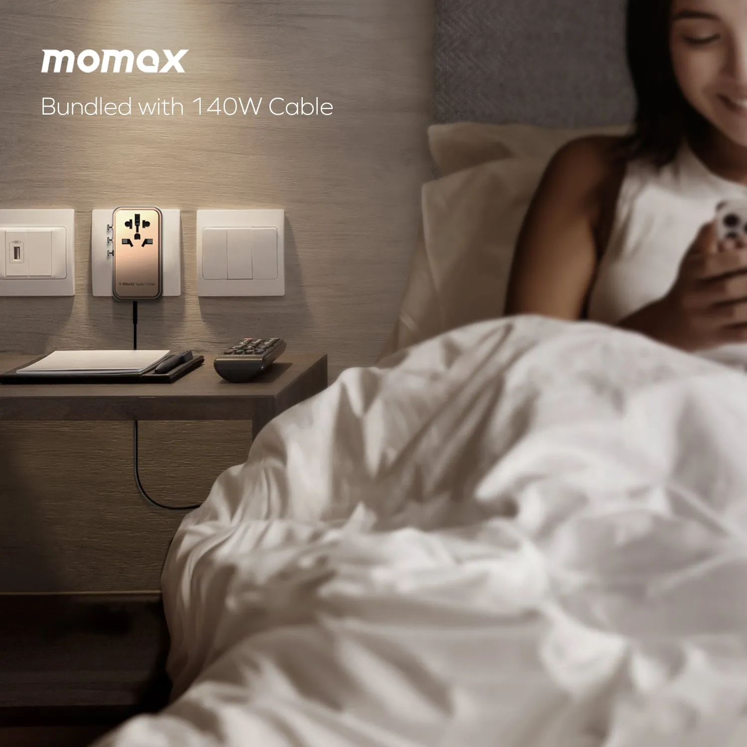 Momax 1-World 4-Port GaN Travel Charger 170W   USB-C Cable - Sandstone