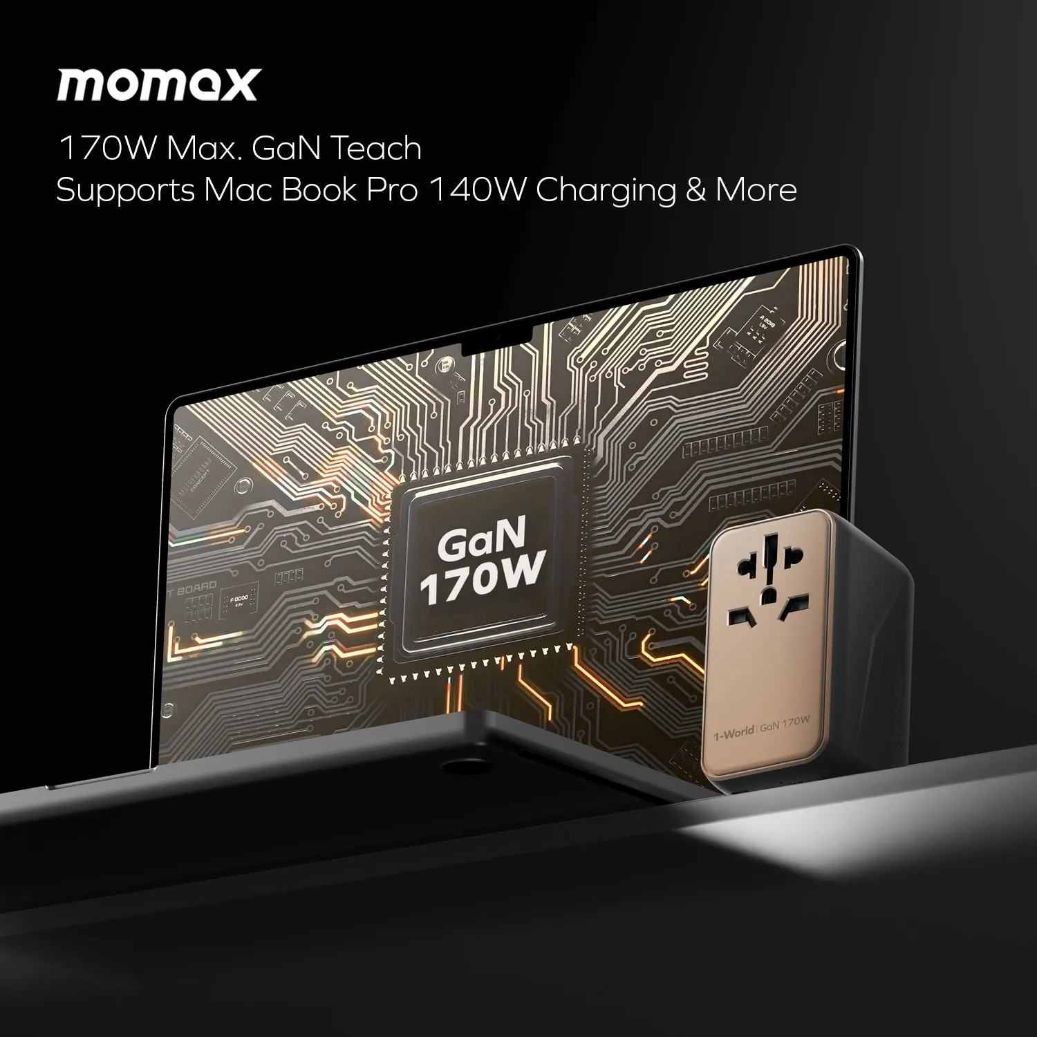 Momax 1-World 4-Port GaN Travel Charger 170W   USB-C Cable - Sandstone
