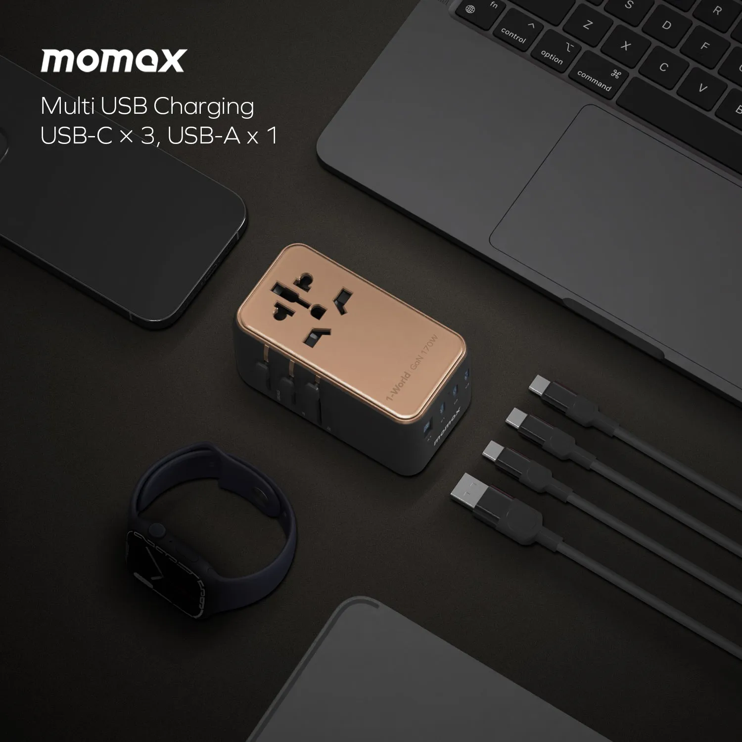 Momax 1-World 4-Port GaN Travel Charger 170W   USB-C Cable - Sandstone