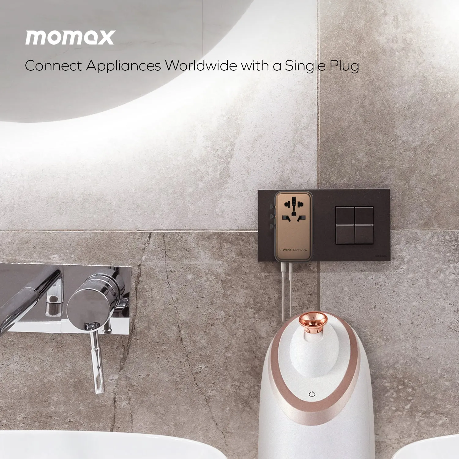 Momax 1-World 4-Port GaN Travel Charger 170W   USB-C Cable - Sandstone
