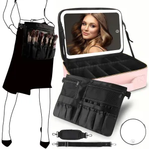 MOMIRA Large Makeup Train Case with Lighted and Mirror 14inch Partitionable Cosmetic Bag Travel Makeup Case Professional Cosmetic Artist Organizer, with Shoulder Stra Champagne