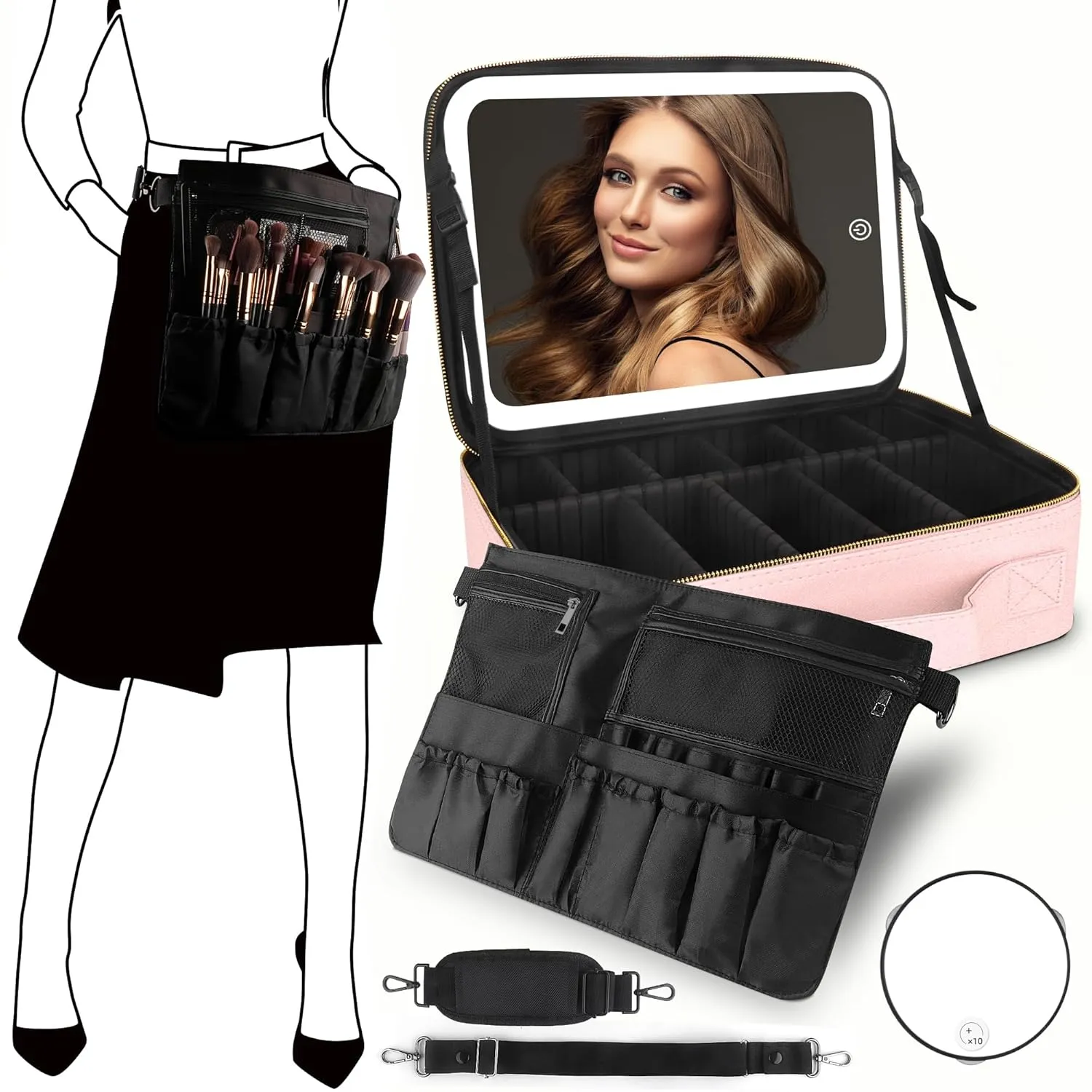 MOMIRA Large Makeup Train Case with Lighted and Mirror 14inch Partitionable Cosmetic Bag Travel Makeup Case Professional Cosmetic Artist Organizer, with Shoulder Stra Champagne