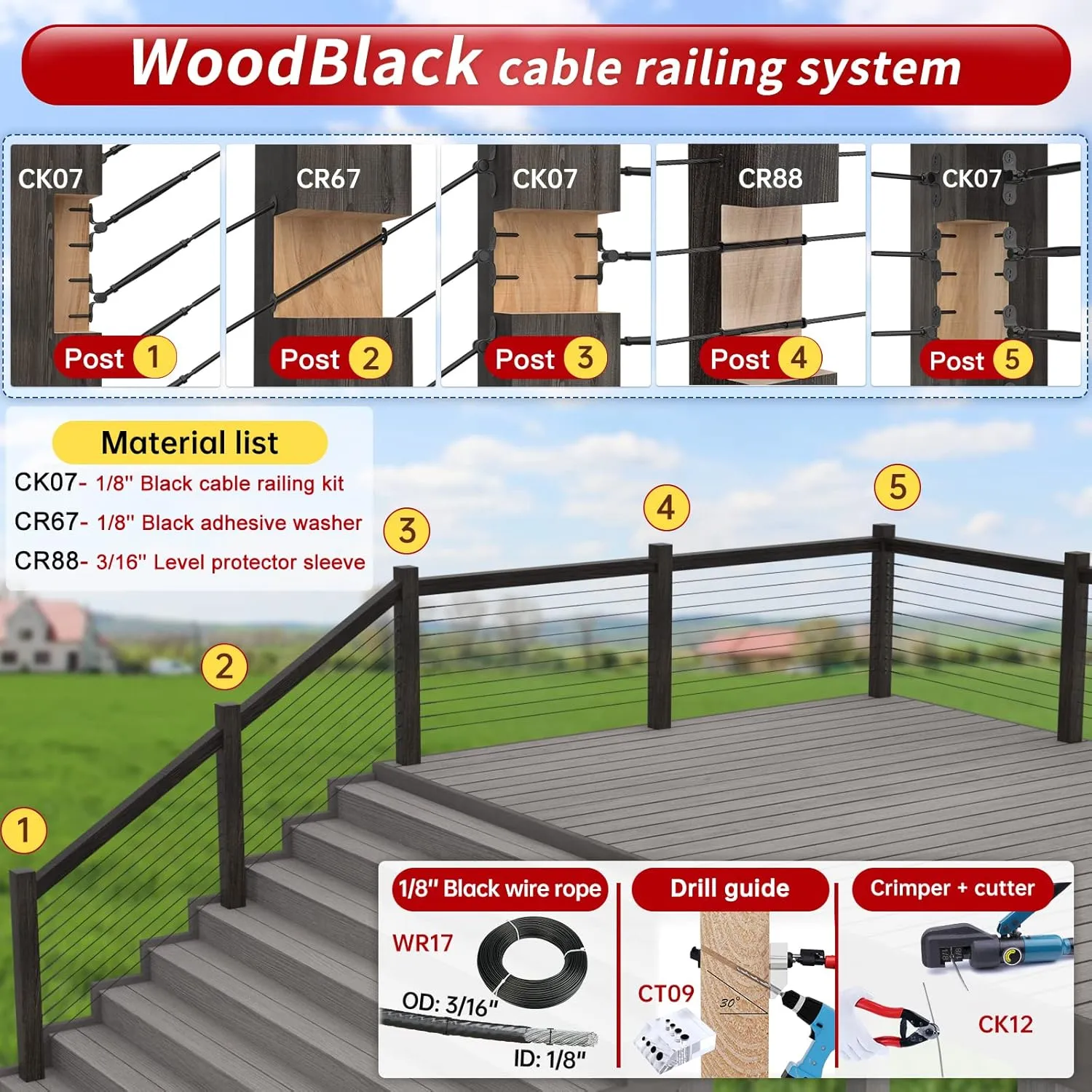 Muzata 150 ft Black Vinyl Coated Wire Rope 1/8" Overmolded to 3/16" 7x7 Strands Coated Stainless Steel Cable for 1/8" Black Cable Railing System Indoor Outdoor WR17