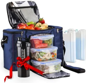 My Daily Meal Plan Navy Blue 45 Oz. Insulated Lunch Bag/Box For Men, Women   3 Large Food Containers   2 Big Reusable Ice Packs   Shoulder Strap   Shaker With Storage