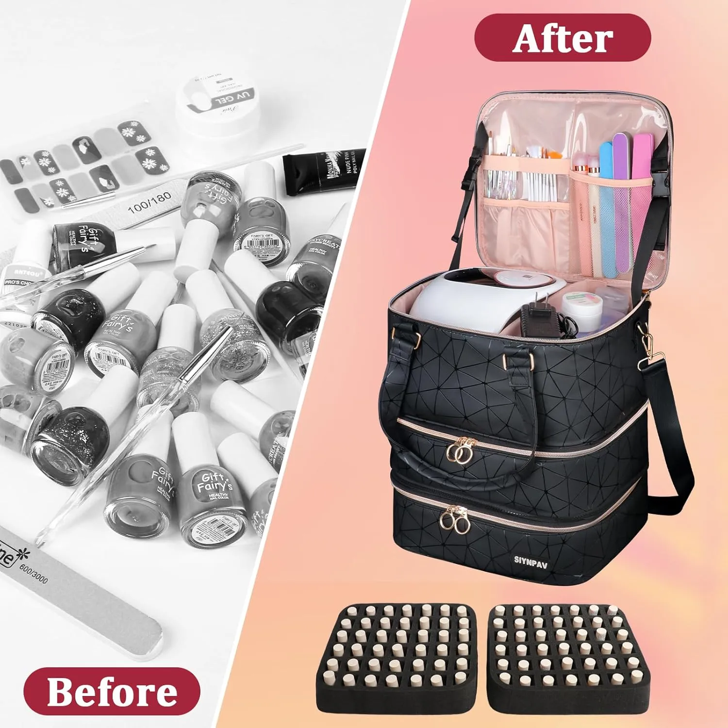 Nail Polish Organizer Bag Holds 84 Bottles (15ml/0.5fl.oz)& Nail Lamp, 3 Layers Detachable Nail Kit Storage Case PU Leather, Large Travel Nail Supplies Shoulder Bag for Manicure Tools (Black)