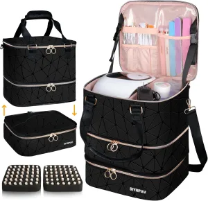 Nail Polish Organizer Bag Holds 84 Bottles (15ml/0.5fl.oz)& Nail Lamp, 3 Layers Detachable Nail Kit Storage Case PU Leather, Large Travel Nail Supplies Shoulder Bag for Manicure Tools (Black)