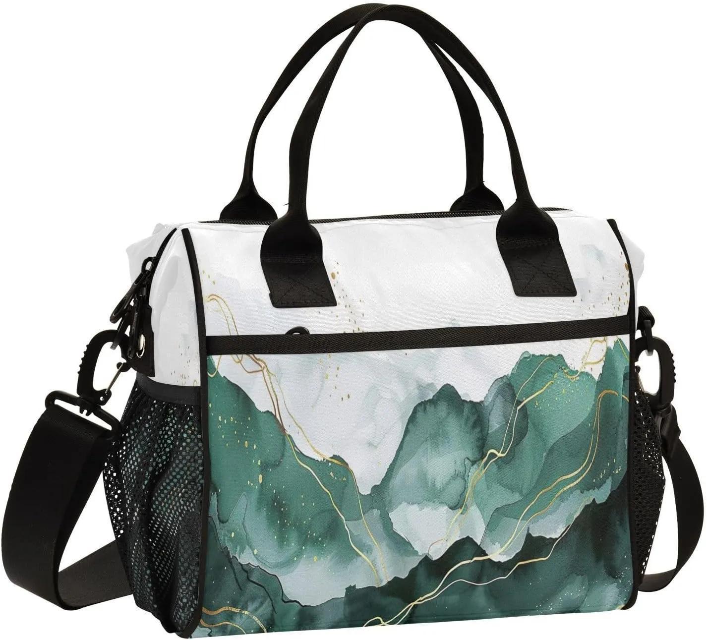 Nander Ink Green Mountain Range Lunch Bag for Women,Insulated Lunch Box with Adjustable Shoulder Strap,Reusable Lunch Tote Bag for Work,Picnic,Camping-S