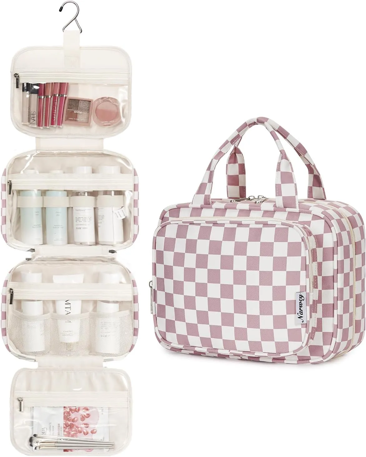 Narwey Hanging Toiletry Bag for Women Travel Makeup Bag Organizer Toiletries Bag for Travel Size Essentials Accessories Cosmetics (Dusty Rose Checkerboard (Medium))