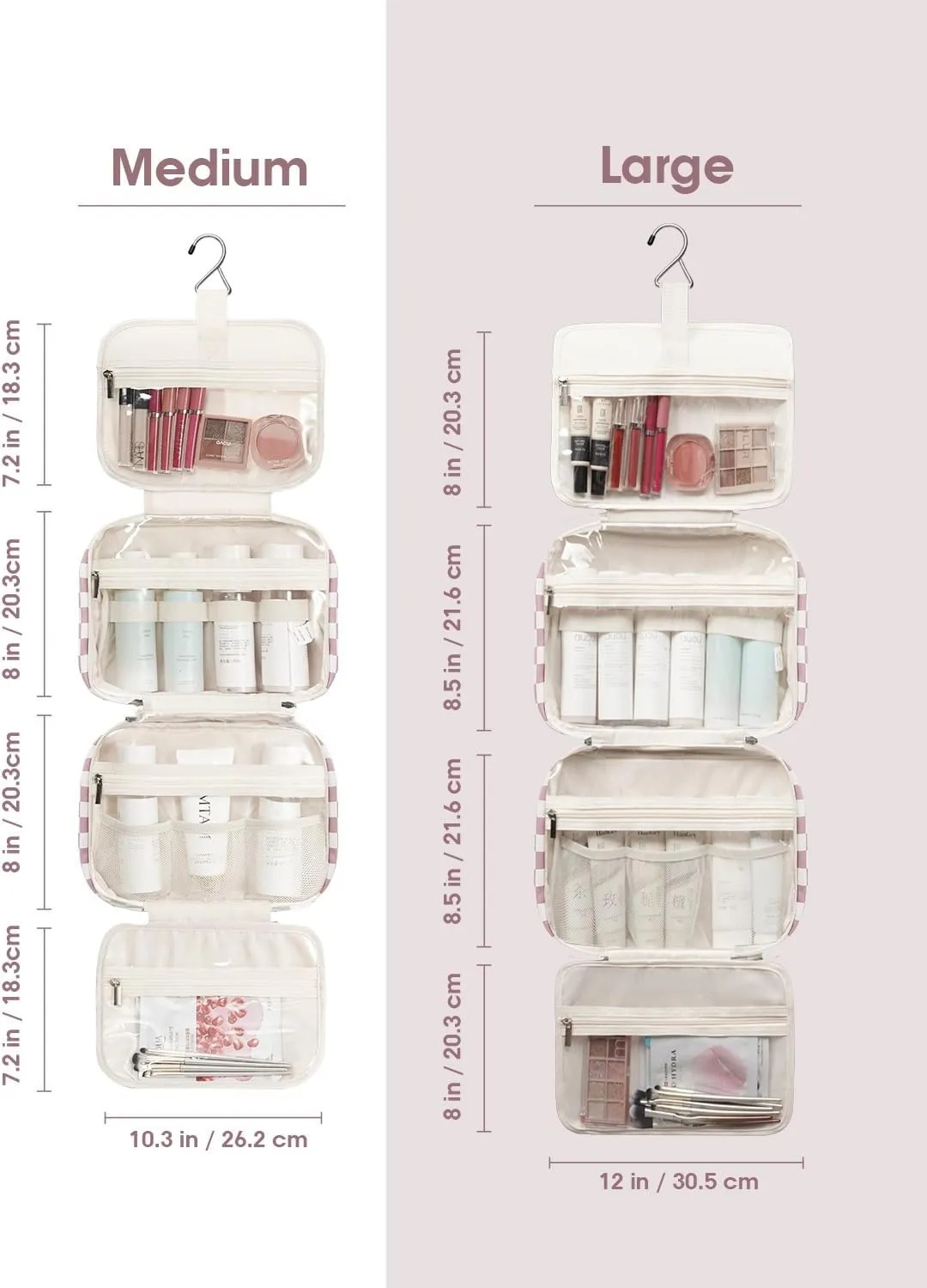 Narwey Hanging Toiletry Bag for Women Travel Makeup Bag Organizer Toiletries Bag for Travel Size Essentials Accessories Cosmetics (Dusty Rose Checkerboard (Medium))