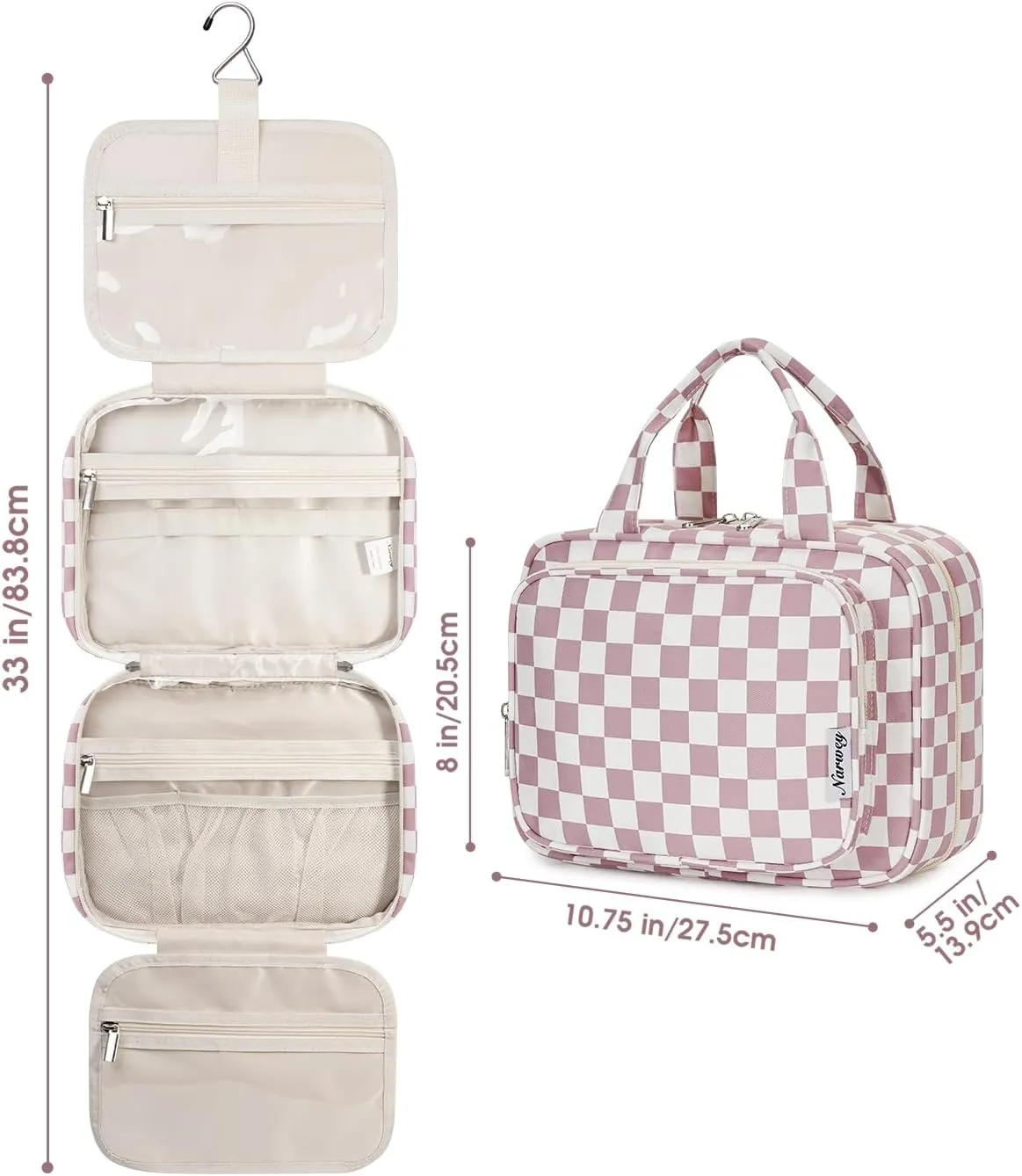 Narwey Hanging Toiletry Bag for Women Travel Makeup Bag Organizer Toiletries Bag for Travel Size Essentials Accessories Cosmetics (Dusty Rose Checkerboard (Medium))