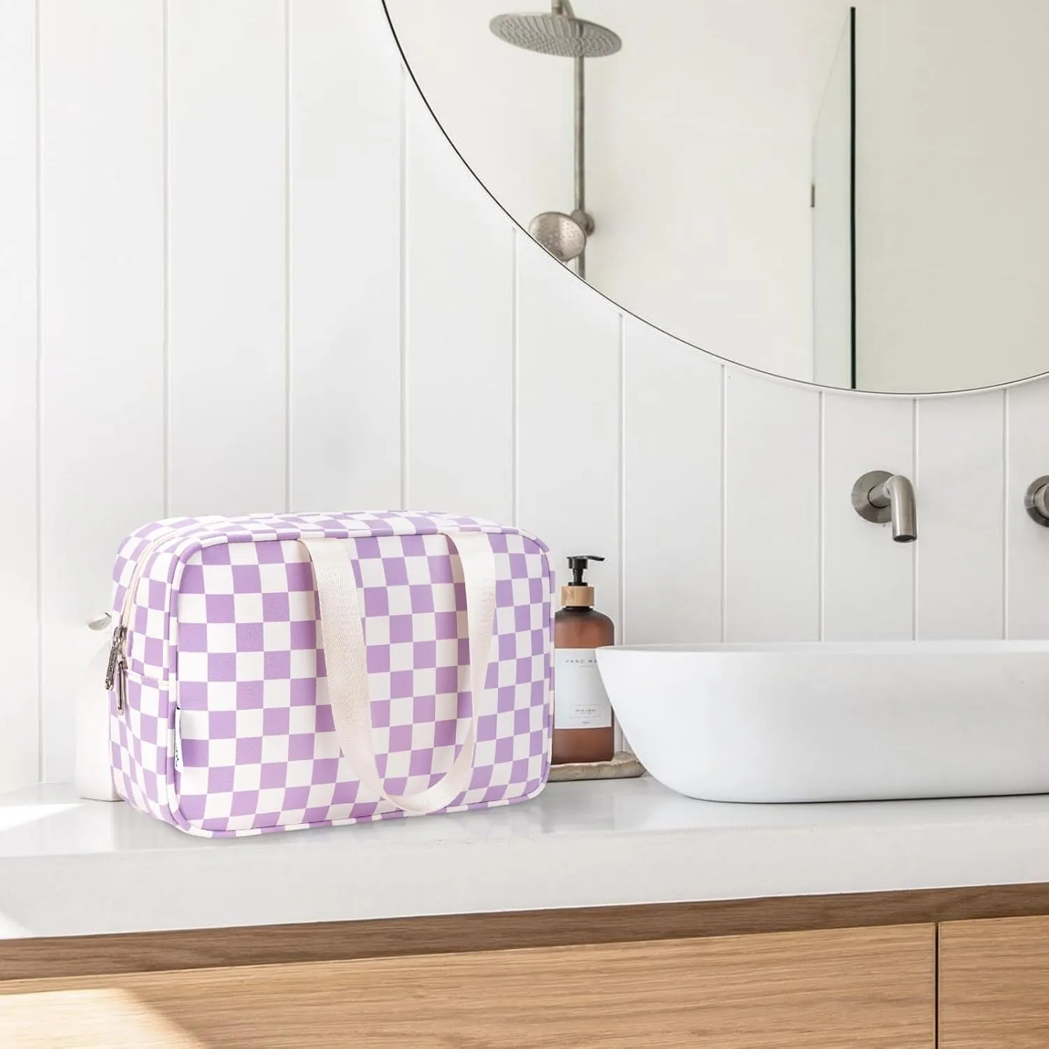 Narwey Large Checkered Travel Toiletry Bag Women Toiletries Bag Makeup Bag with Handle Make up bag Organizer Cosmetic Bag Medicine Bag for Girls (Purple Checkerboard, Large)