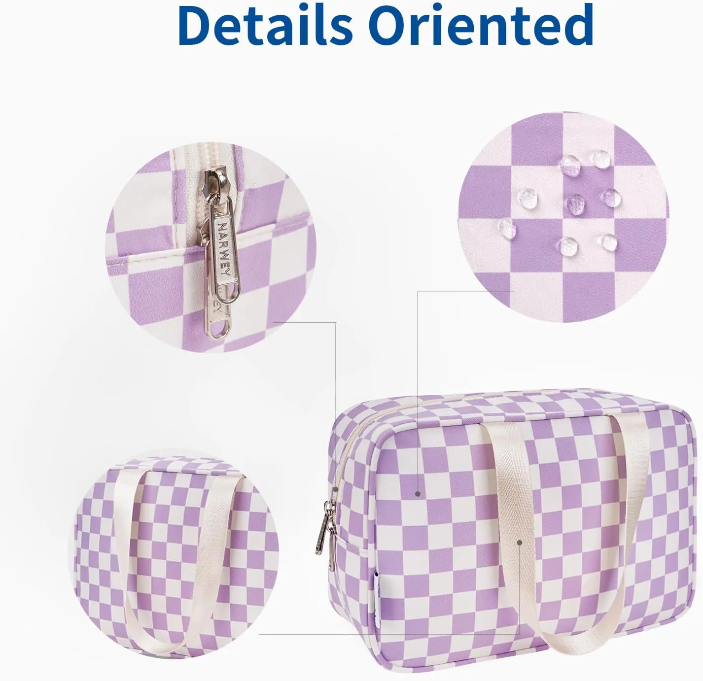 Narwey Large Checkered Travel Toiletry Bag Women Toiletries Bag Makeup Bag with Handle Make up bag Organizer Cosmetic Bag Medicine Bag for Girls (Purple Checkerboard, Large)