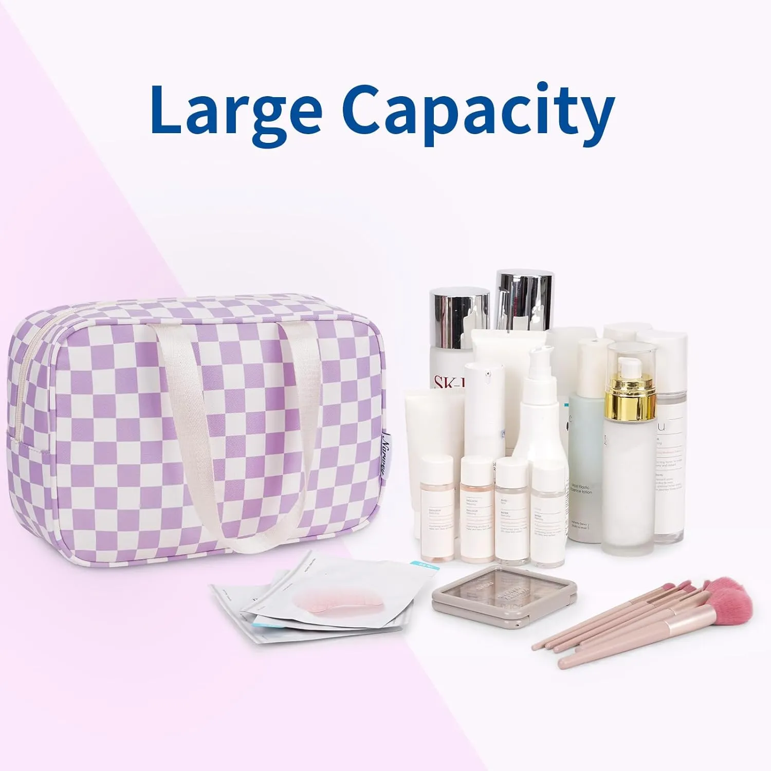 Narwey Large Checkered Travel Toiletry Bag Women Toiletries Bag Makeup Bag with Handle Make up bag Organizer Cosmetic Bag Medicine Bag for Girls (Purple Checkerboard, Large)