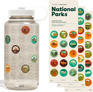 National Parks Plastic Water Bottle with Waterproof Stickers Kit, Light Weight and Wide Mouth Lid 32oz (Tan   Sunshine Sticker Pack)