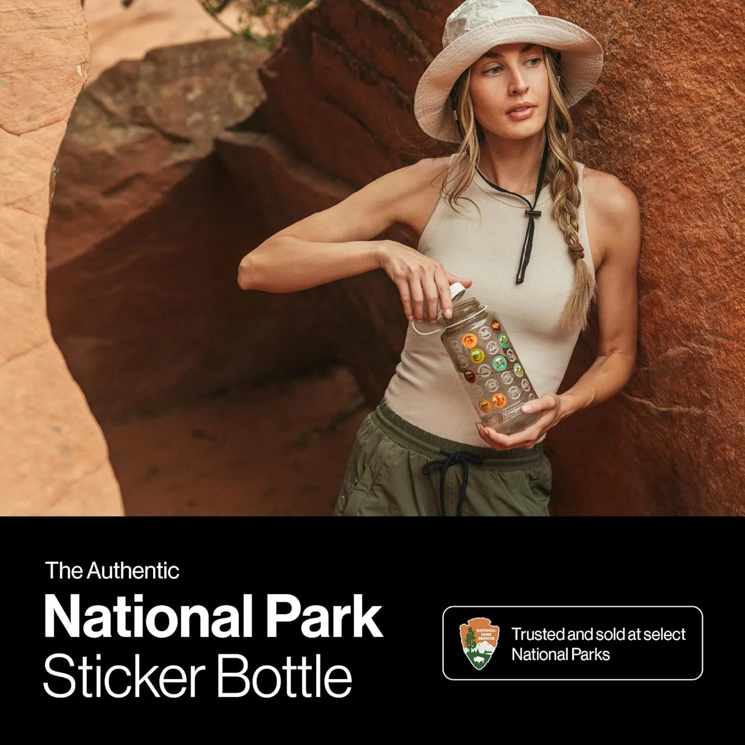 National Parks Plastic Water Bottle with Waterproof Stickers Kit, Light Weight and Wide Mouth Lid 32oz (Tan   Sunshine Sticker Pack)