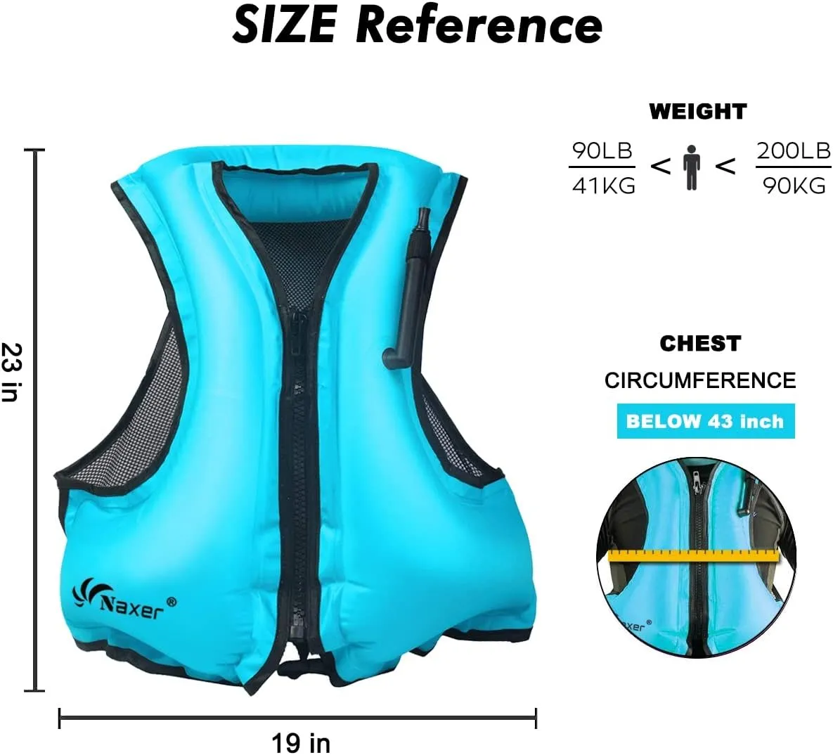 NAXER Inflatable Buoyancy Jackets Snorkel Vests for Adults Kayak Kayaking Snorkeling Suit 90-200 lbs Easy Swimming Boating Paddleboarding Water Sports