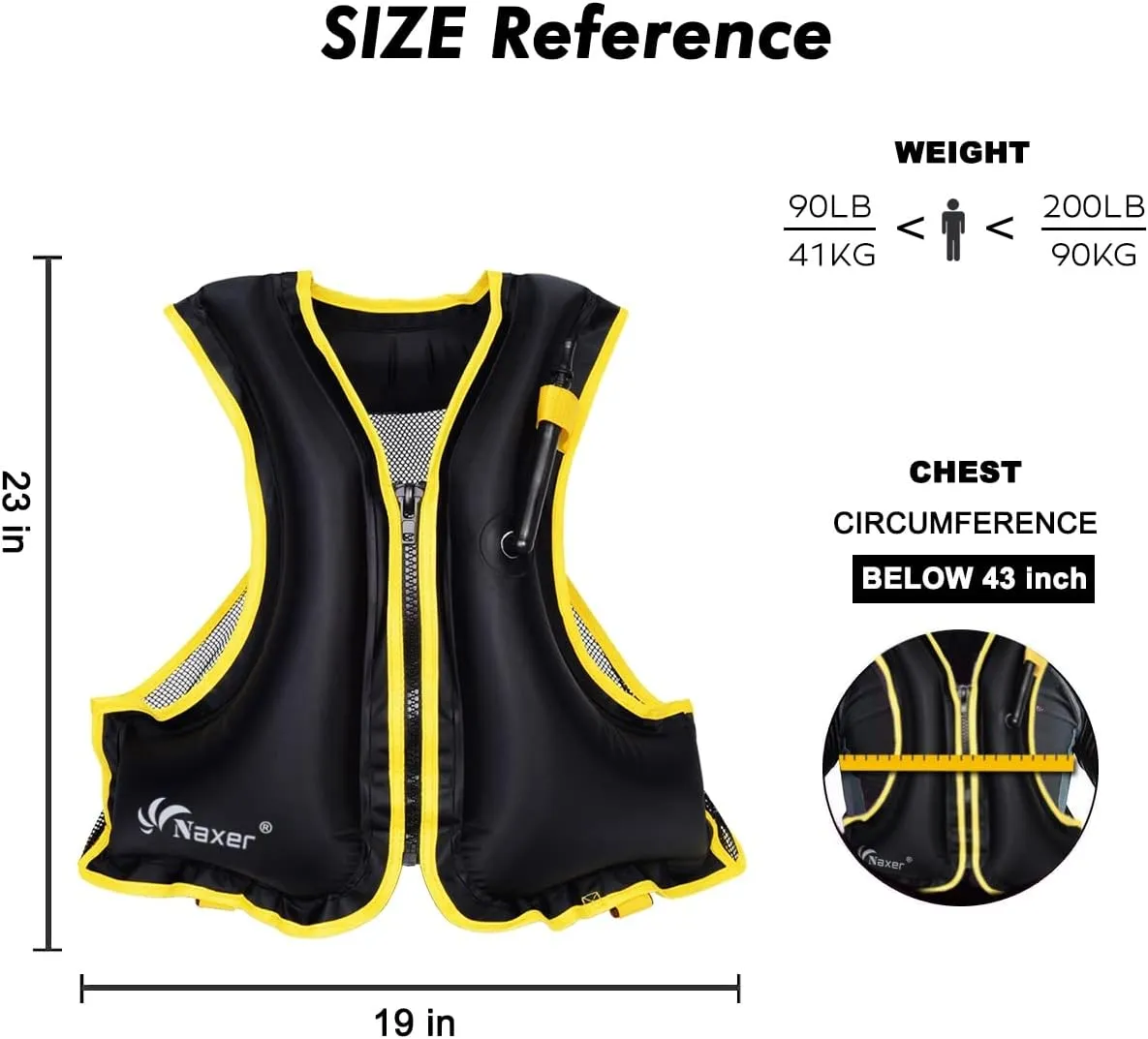 NAXER Inflatable Buoyancy Jackets Snorkel Vests for Adults Kayak Kayaking Snorkeling Suit 90-200 lbs Easy Swimming Boating Paddleboarding Water Sports