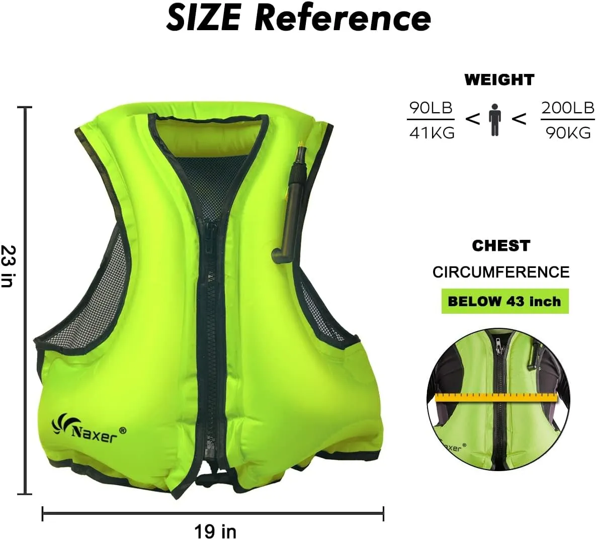 NAXER Inflatable Buoyancy Jackets Snorkel Vests for Adults Kayak Kayaking Snorkeling Suit 90-200 lbs Easy Swimming Boating Paddleboarding Water Sports