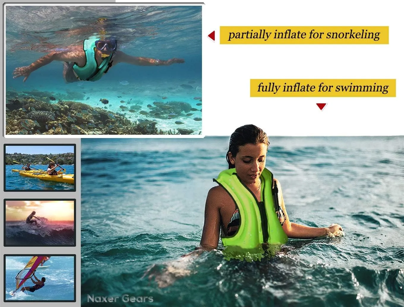 NAXER Inflatable Buoyancy Jackets Snorkel Vests for Adults Kayak Kayaking Snorkeling Suit 90-200 lbs Easy Swimming Boating Paddleboarding Water Sports