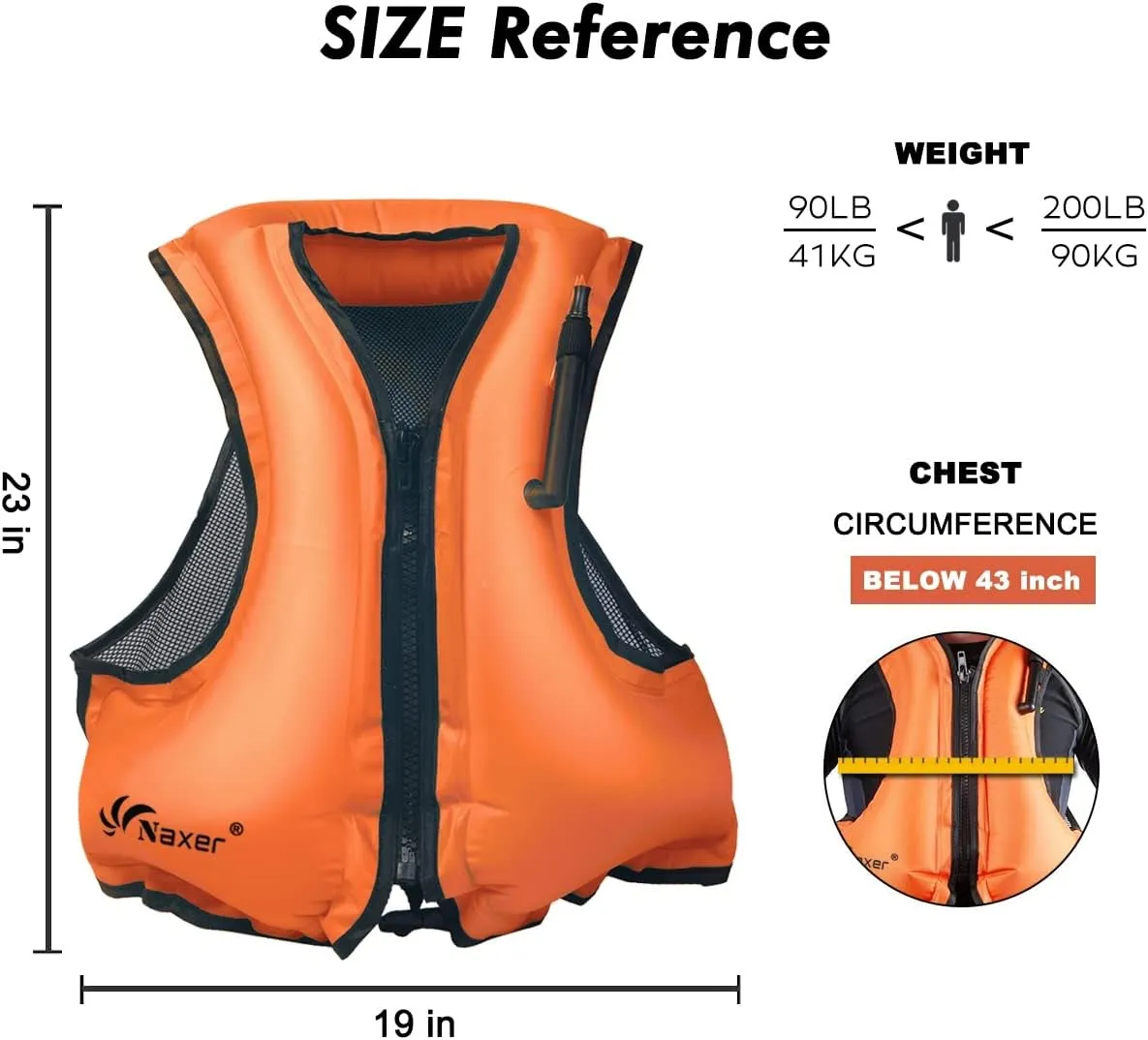 NAXER Inflatable Buoyancy Jackets Snorkel Vests for Adults Kayak Kayaking Snorkeling Suit 90-200 lbs Easy Swimming Boating Paddleboarding Water Sports