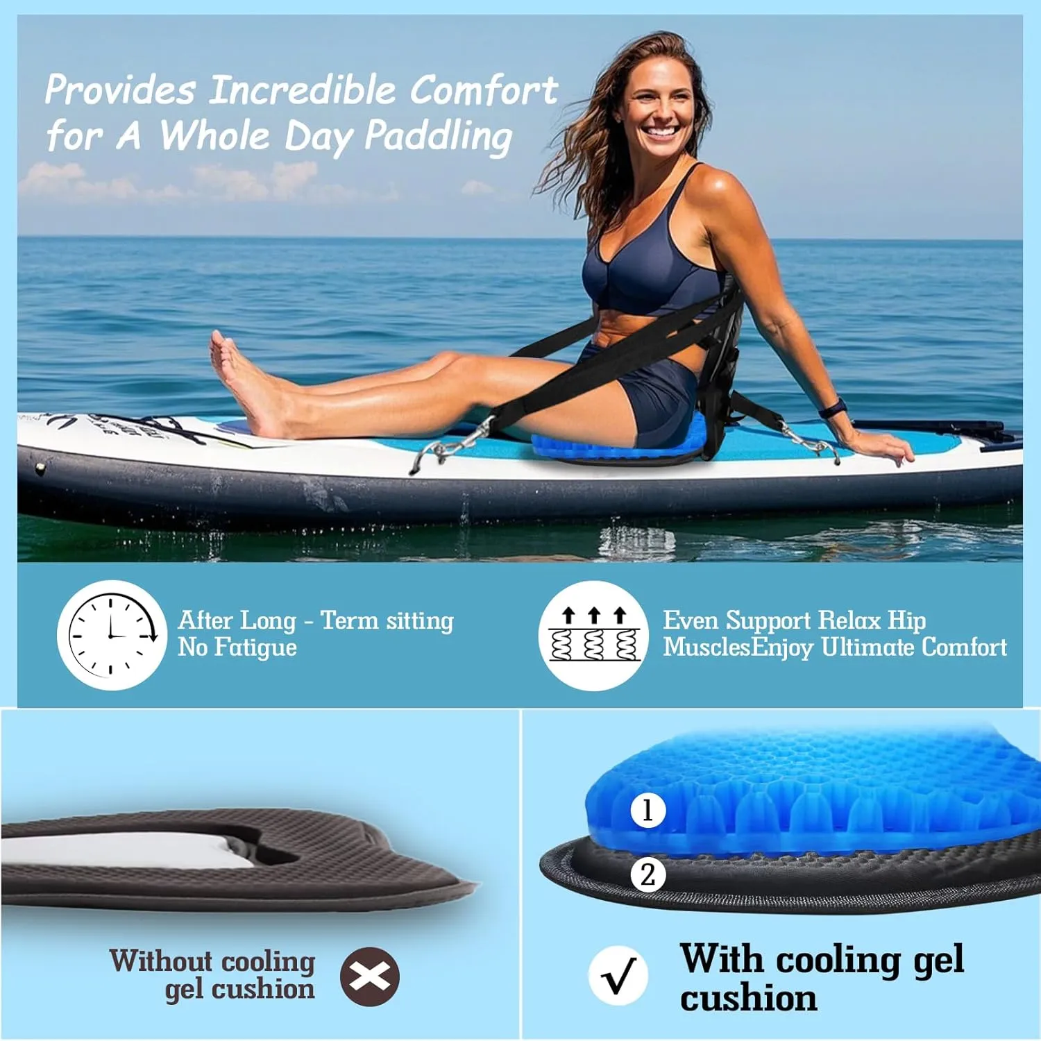 NEW-Vi Deluxe Kayak Seat with Gel Cushion & Storage Bag - Padded Ergonomic Backrest for Kayak, Canoe, SUP, Fishing Boat - Anti-Slip & Waterproof