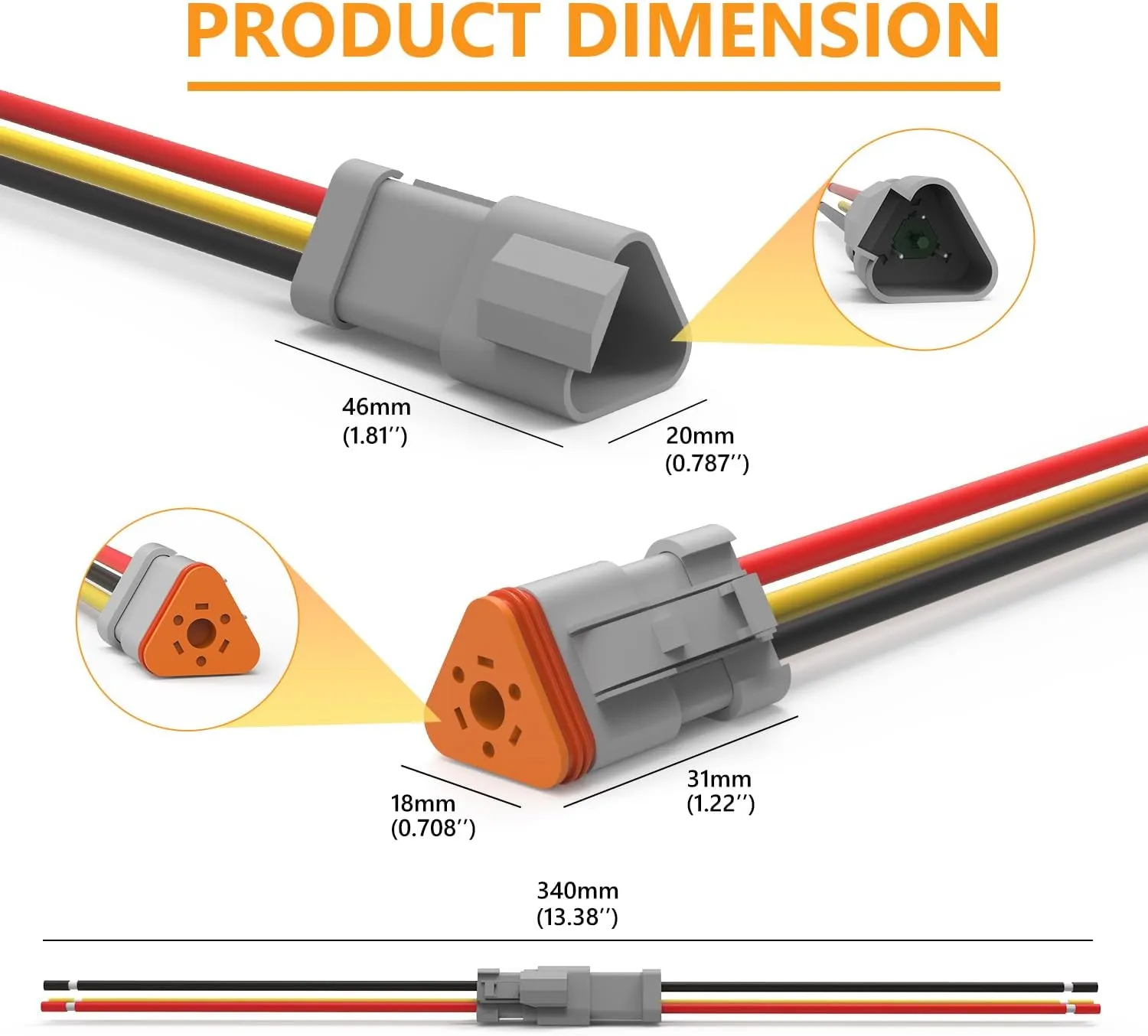 Newdeli Deutsch 3 Pin Connector Kit Waterproof Electrical Connector 16 AWG Male and Female Automotive Wire Connectors for Car Truck Boat, Dt Connector 6 Sets
