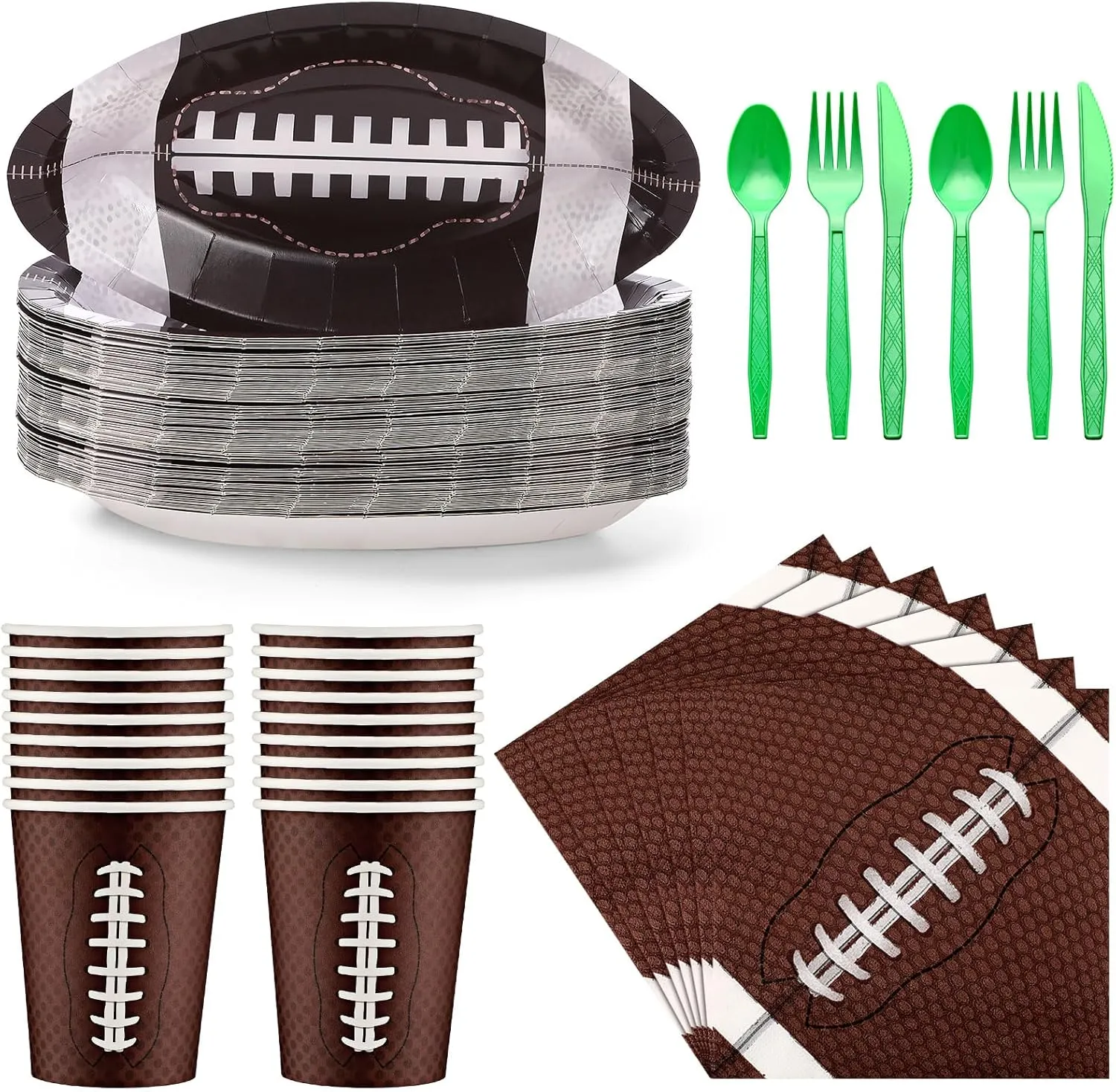 Nitial 180 Pcs Football Tableware Set to Serve 30 Guests Include Disposable Paper Plates Napkins Knives Forks Spoons and Cups for Football Game Birthday Party Decorations(Stylish)