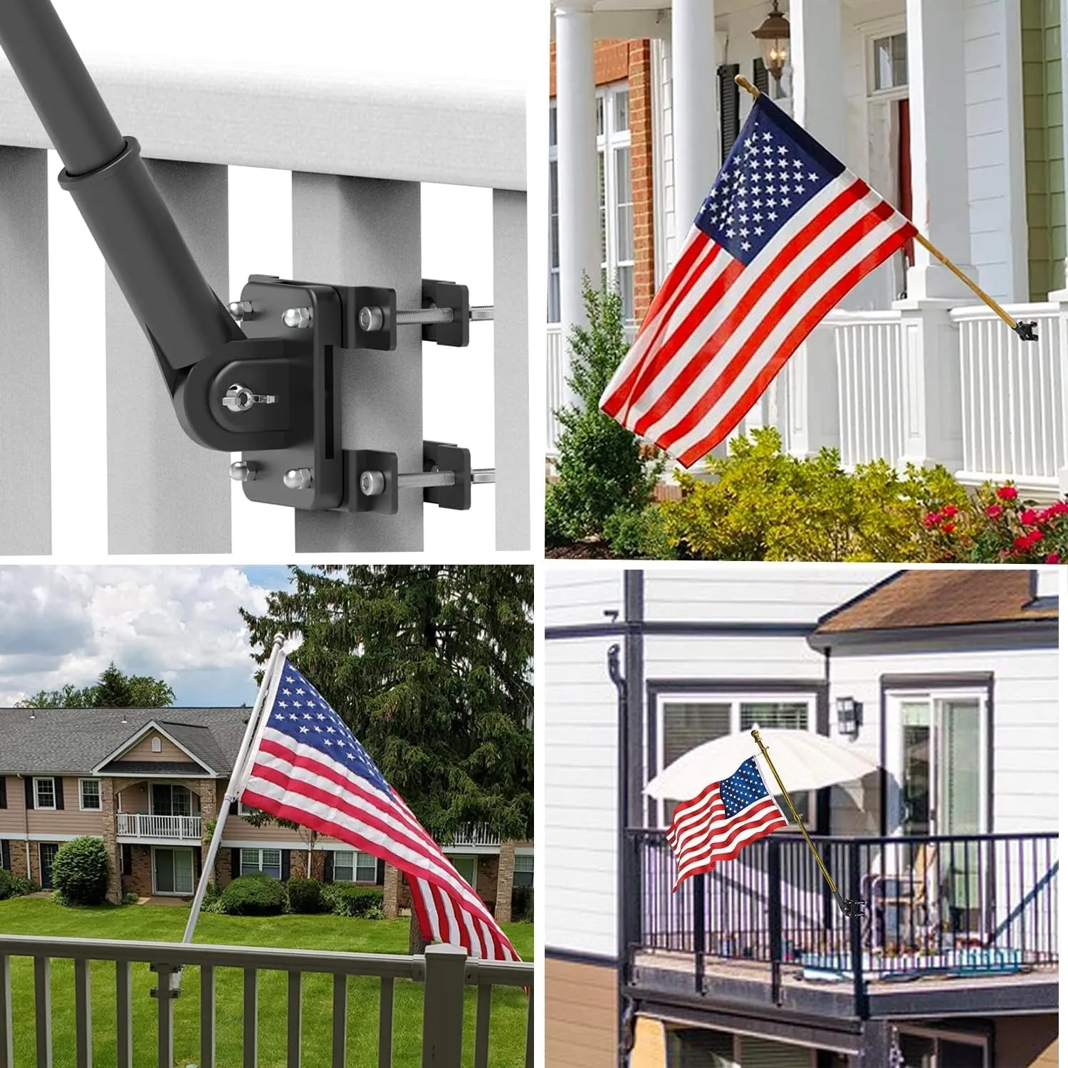 No Driling Flag Pole Holder for Railing,Flag Pole Mount for Porch & Fence Rail, Apartment Balcony,Square Railing-Two Installation Methods-with Silicone Pads,for 1” flagpole (Black)