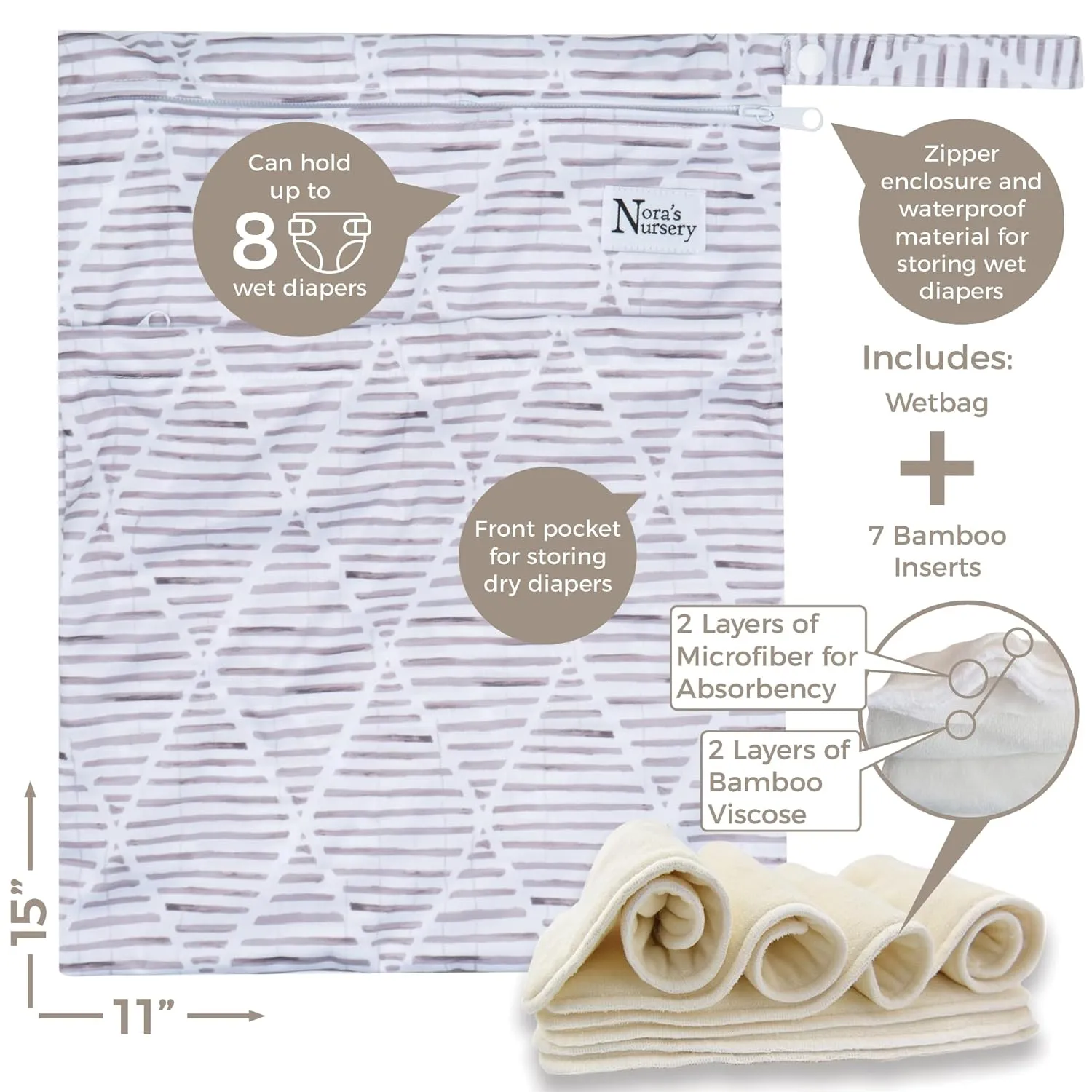 Nora's Nursery Cloth Diapers 7 Pack with 7 Inserts & 1 Wet Bag - Waterproof Cover, Washable, Reusable & One Size Adjustable Pocket Diapers for Newborns and Toddlers - PearFect