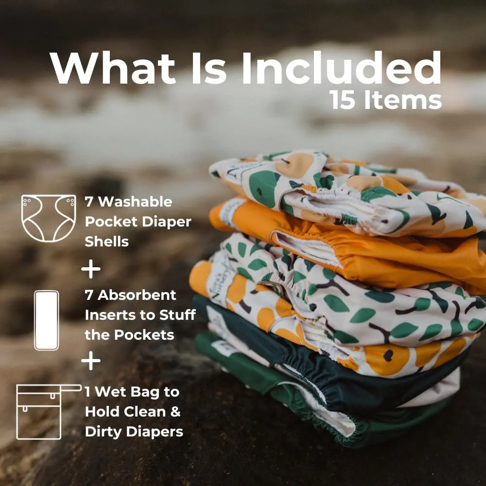 Nora's Nursery Cloth Diapers 7 Pack with 7 Inserts & 1 Wet Bag - Waterproof Cover, Washable, Reusable & One Size Adjustable Pocket Diapers for Newborns and Toddlers - PearFect