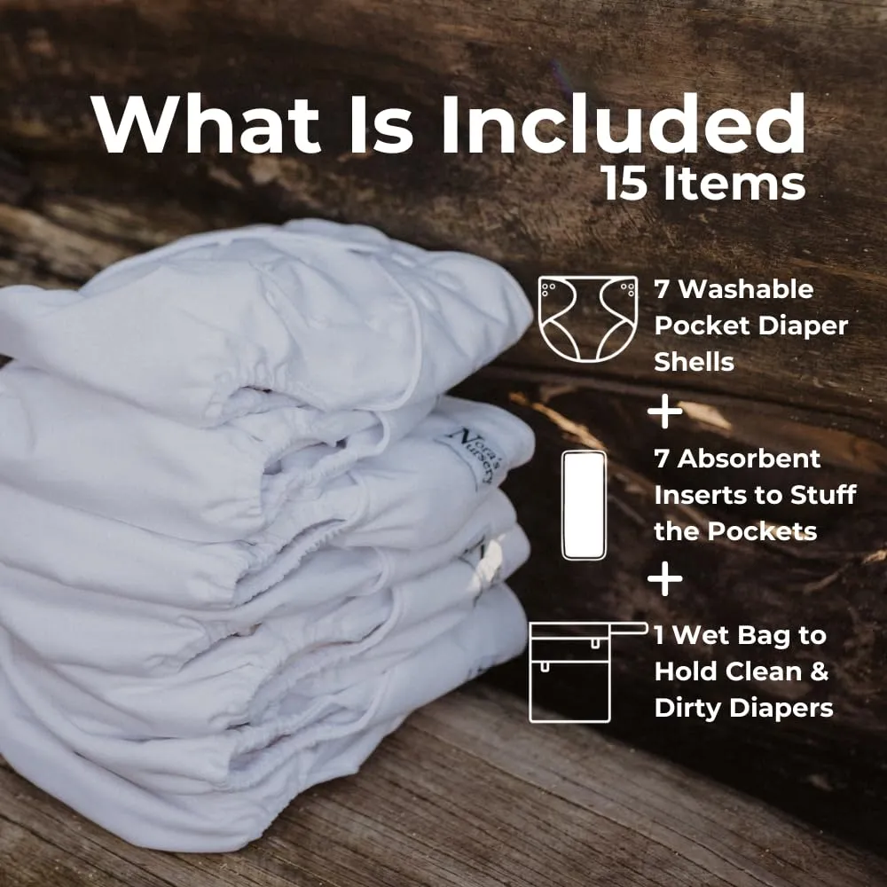 Nora's Nursery Cloth Diapers 7 Pack with 7 Inserts & 1 Wet Bag - Waterproof Cover, Washable, Reusable & One Size Adjustable Pocket Diapers for Newborns and Toddlers - Winter White