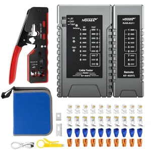 NOYAFA Network Cable Tester, RJ45 Crimp Tool, RJ11 RJ45 Cat5 Cat6 Straight Through Connector, Ethernet Cable Tester, Continuity Tester, POE Detection,Audio Network Kit with Crimp Stripper