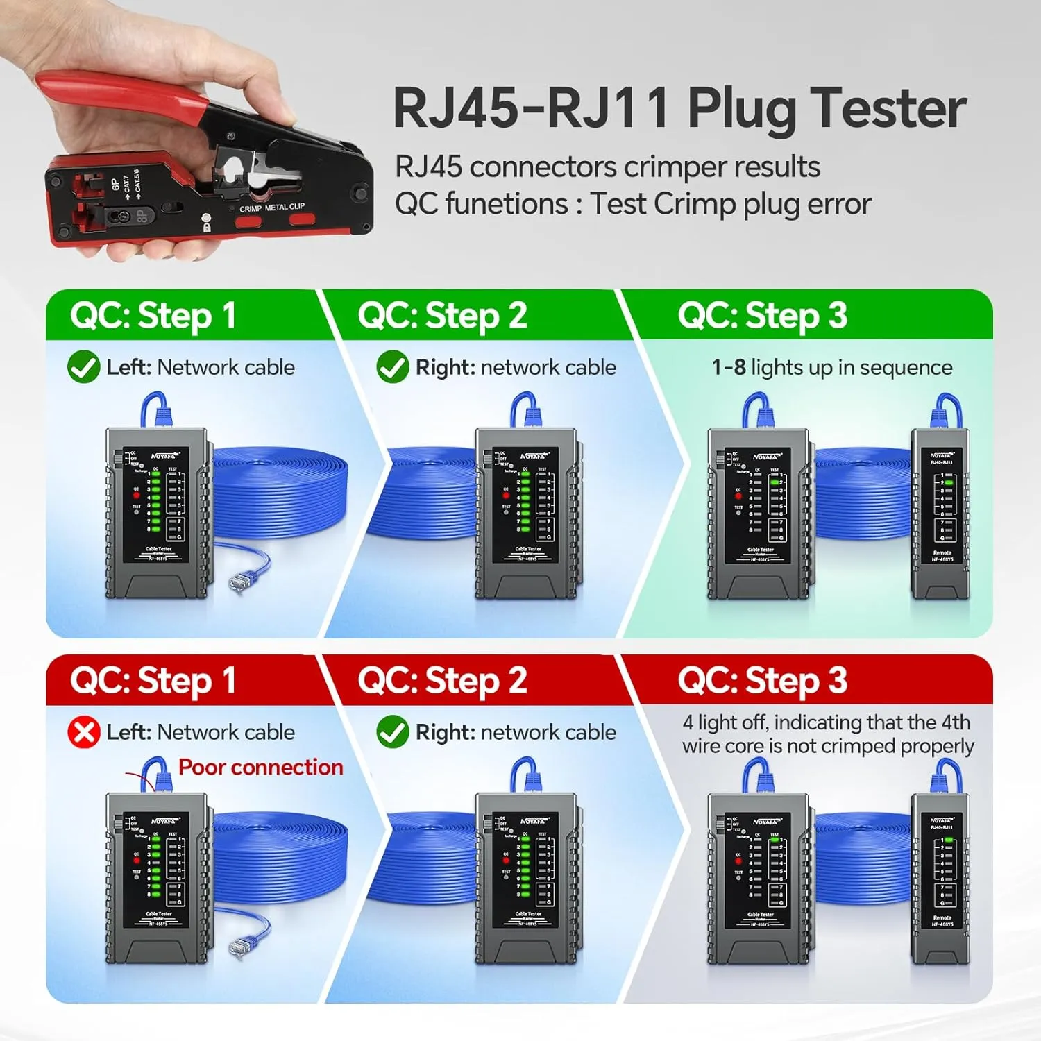 NOYAFA Network Cable Tester, RJ45 Crimp Tool, RJ11 RJ45 Cat5 Cat6 Straight Through Connector, Ethernet Cable Tester, Continuity Tester, POE Detection,Audio Network Kit with Crimp Stripper