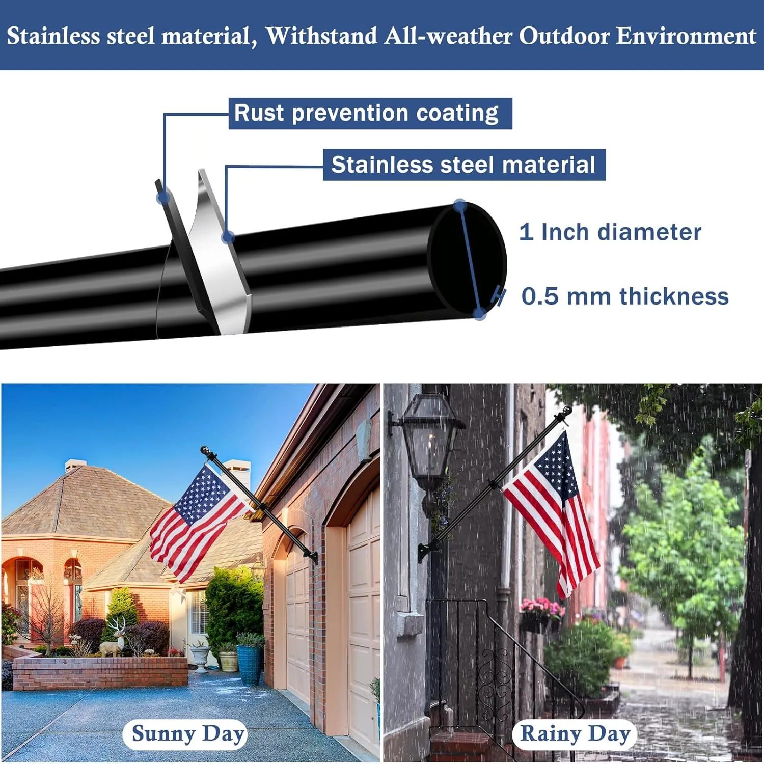NQ 5FT Flag Pole Kit with Holder - Stainless Steel Wall Mounted Flagpole with Bracket and Flag Ring, Heavy Duty for Porch, Yard, Outdoor (Black)