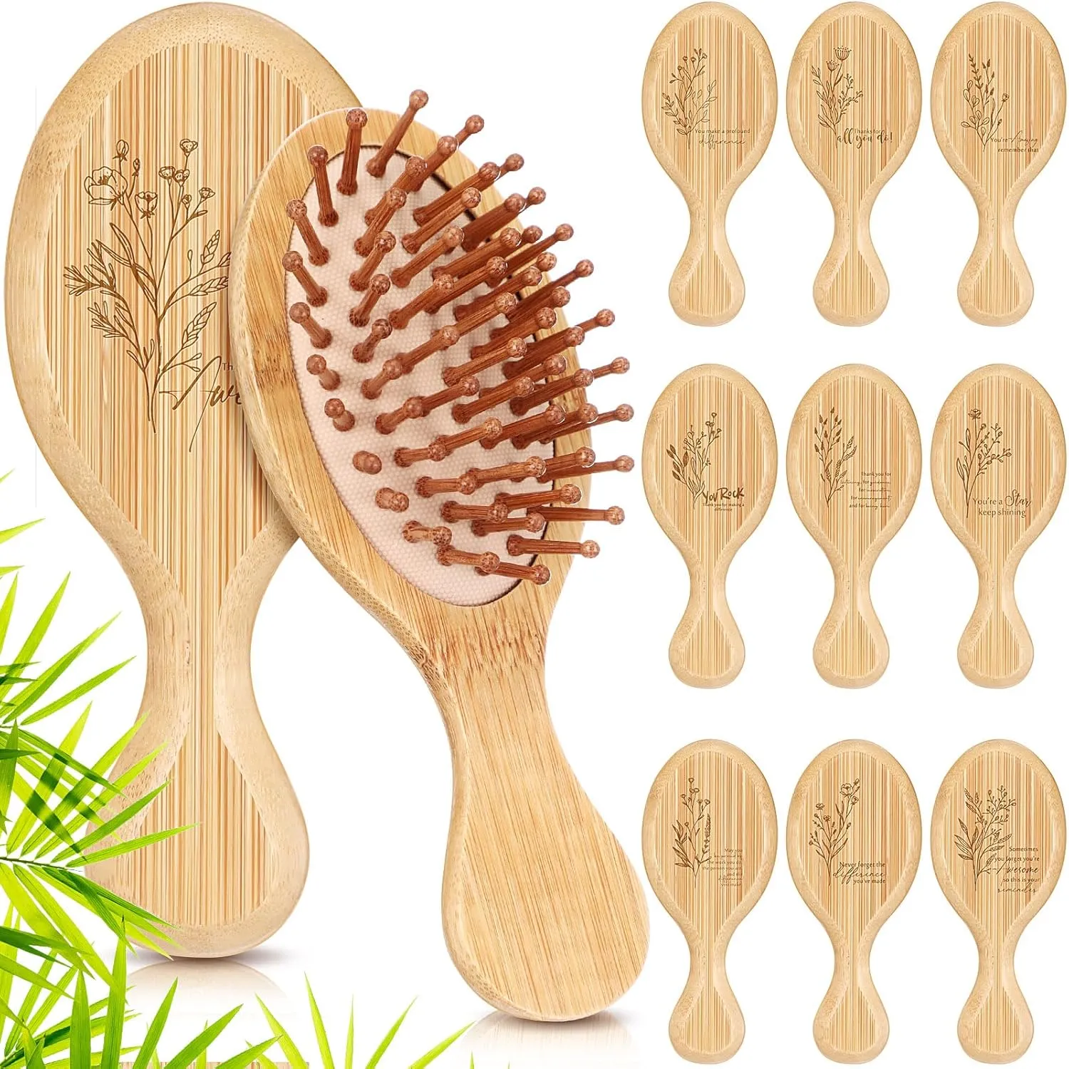 Nuogo 10 Pcs Inspirational Gift Mini Hair Brush for Women Men Aesthetic Gift Wooden Hairbrush Paddle Comb Brush for Curly or Long Hair Thank You Gifts for Team Coworker Teacher Nurse(Stylish)
