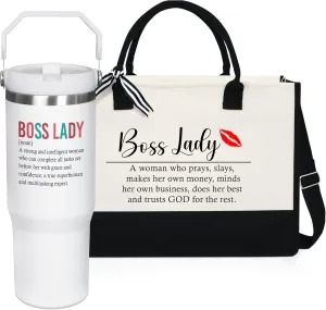 OASSIE Boss Lady Gift Set - 13 oz Tote Bag with Zipper & 30 oz Insulated Tumbler with Flip Straw and Handle, Boss Lady Gifts, Christmas, Birthday Gifts for Boss, Women, Employee Appreciation Gifts