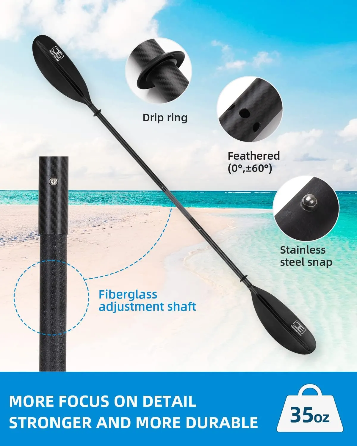 OCEANBROAD Adjustable Carbon Fiber Kayak Paddle 86in/220cm to 94in/240cm Kayaking Oar for Adults with Paddle Leash 1 Paddle