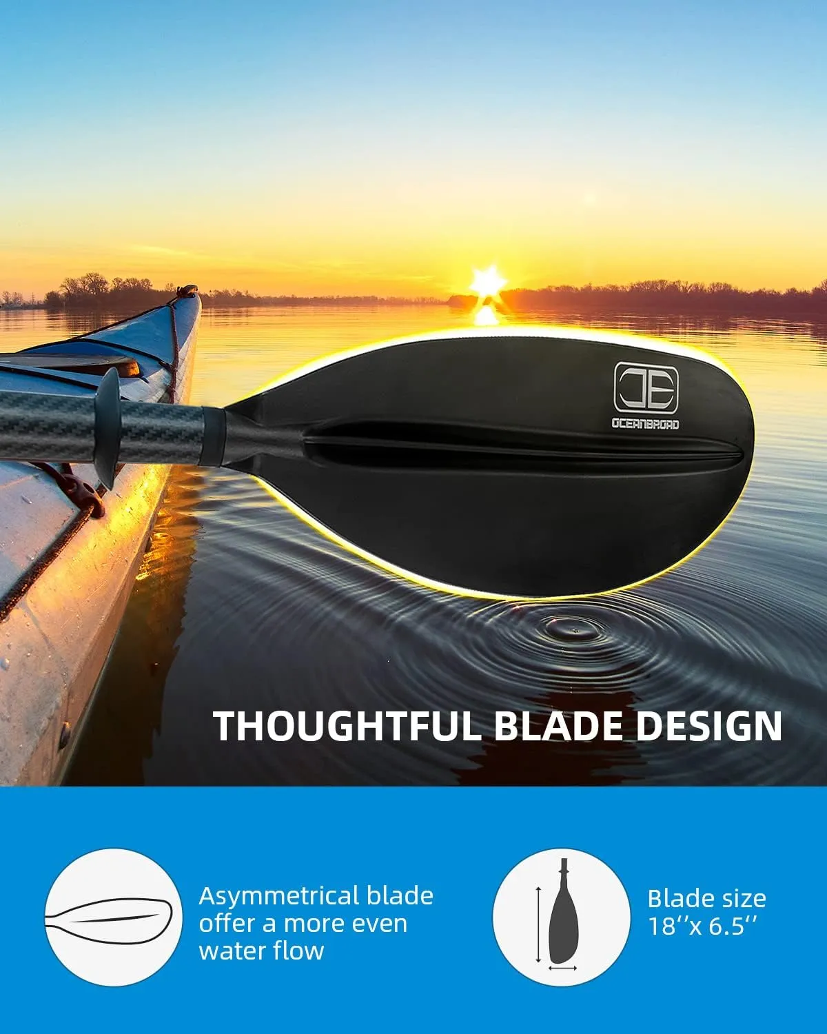 OCEANBROAD Adjustable Carbon Fiber Kayak Paddle 86in/220cm to 94in/240cm Kayaking Oar for Adults with Paddle Leash 1 Paddle
