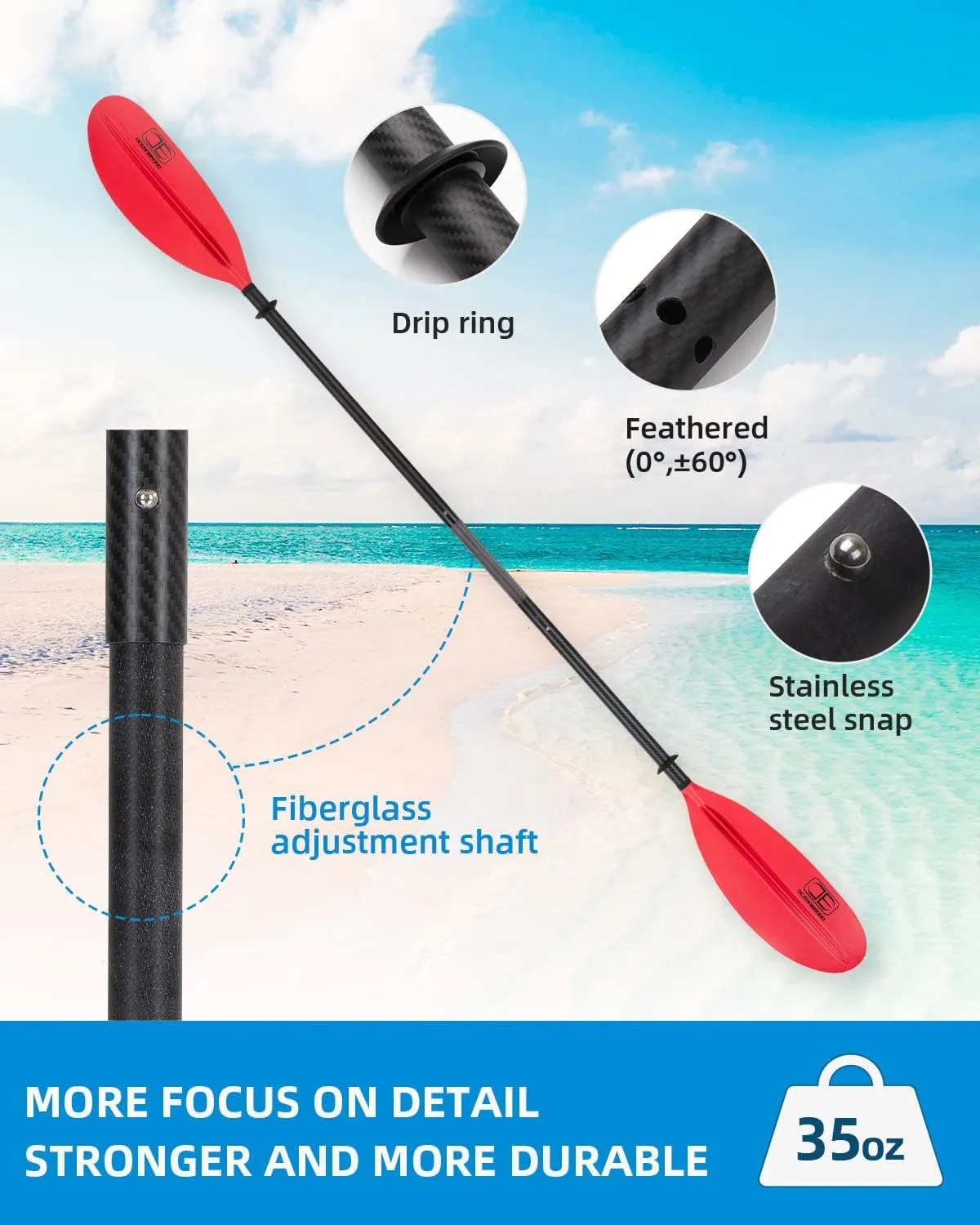 OCEANBROAD Adjustable Carbon Fiber Kayak Paddle 86in/220cm to 94in/240cm Kayaking Oar for Adults with Paddle Leash 1 Paddle