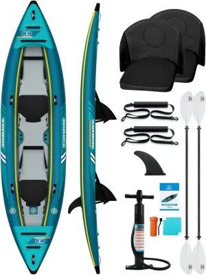 OCEANBROAD Inflatable Sit-in Kayak, with Paddle, Kayak Seat, Pedal, Hand Pump and Bag, 1-Person/2-Person, Blue/Sky Blue