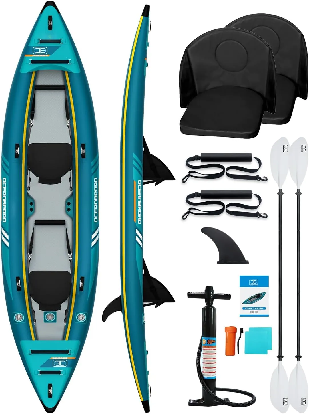 OCEANBROAD Inflatable Sit-in Kayak, with Paddle, Kayak Seat, Pedal, Hand Pump and Bag, 1-Person/2-Person, Blue/Sky Blue