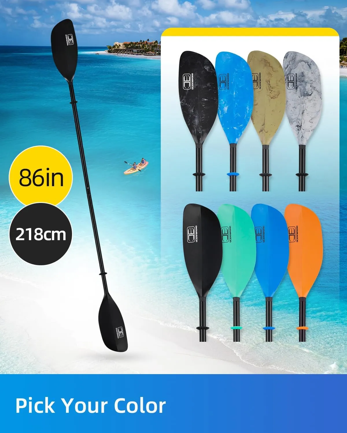 OCEANBROAD Kayak Paddle 86in/218cm, 90.5in/230cm Alloy Shaft 2-Piece Floatable Kayak Oar for Kayaking Canoeing Boating