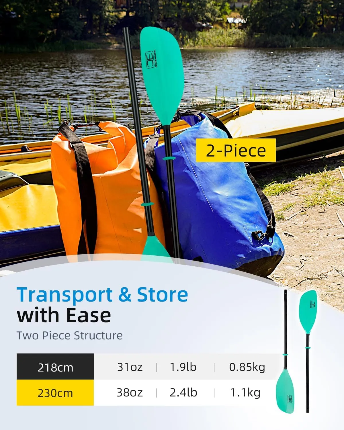 OCEANBROAD Kayak Paddle 86in/218cm, 90.5in/230cm Alloy Shaft 2-Piece Floatable Kayak Oar for Kayaking Canoeing Boating