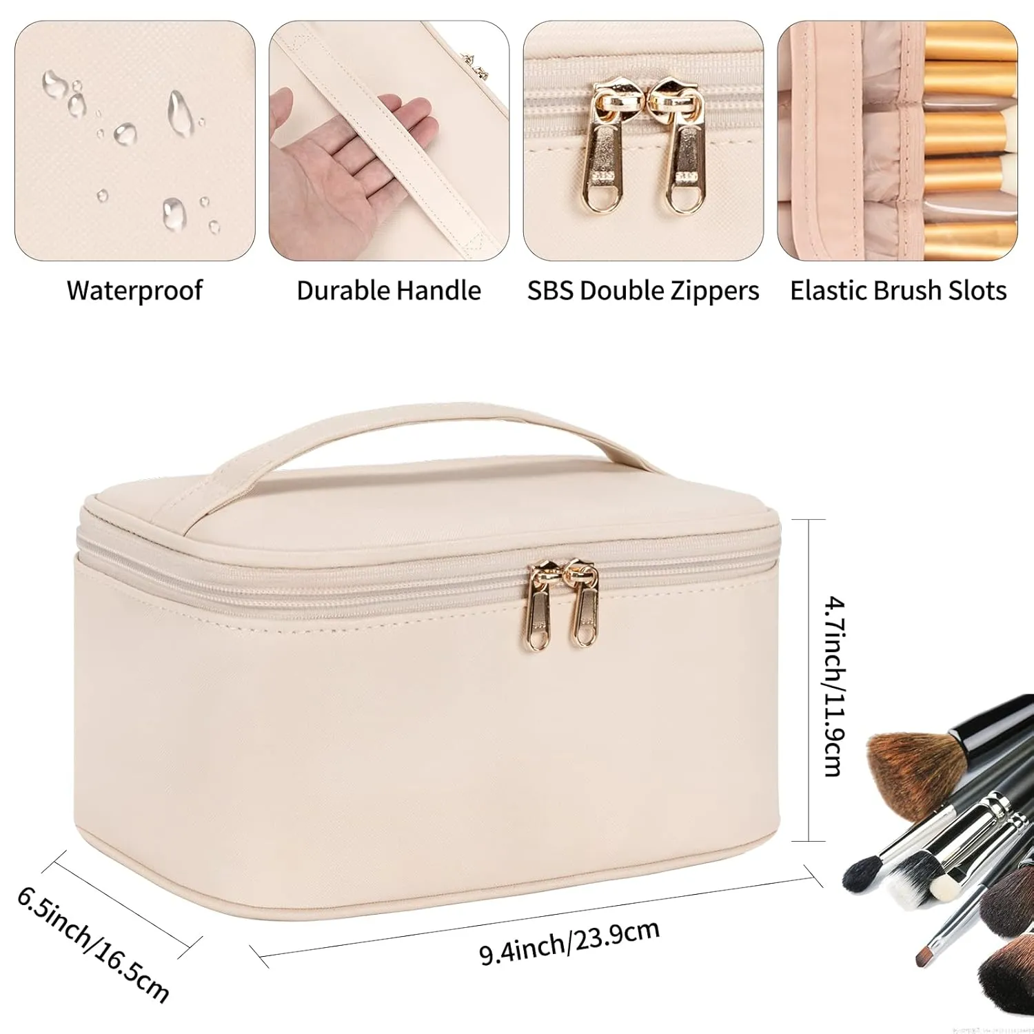 OCHEAL Makeup Bag, Portable Cosmetic Bag, Large Capacity Travel Make up Case Organizer, Makeup Bags For Women Toiletry Bag for Girls Traveling With Handle and Divider- Beige